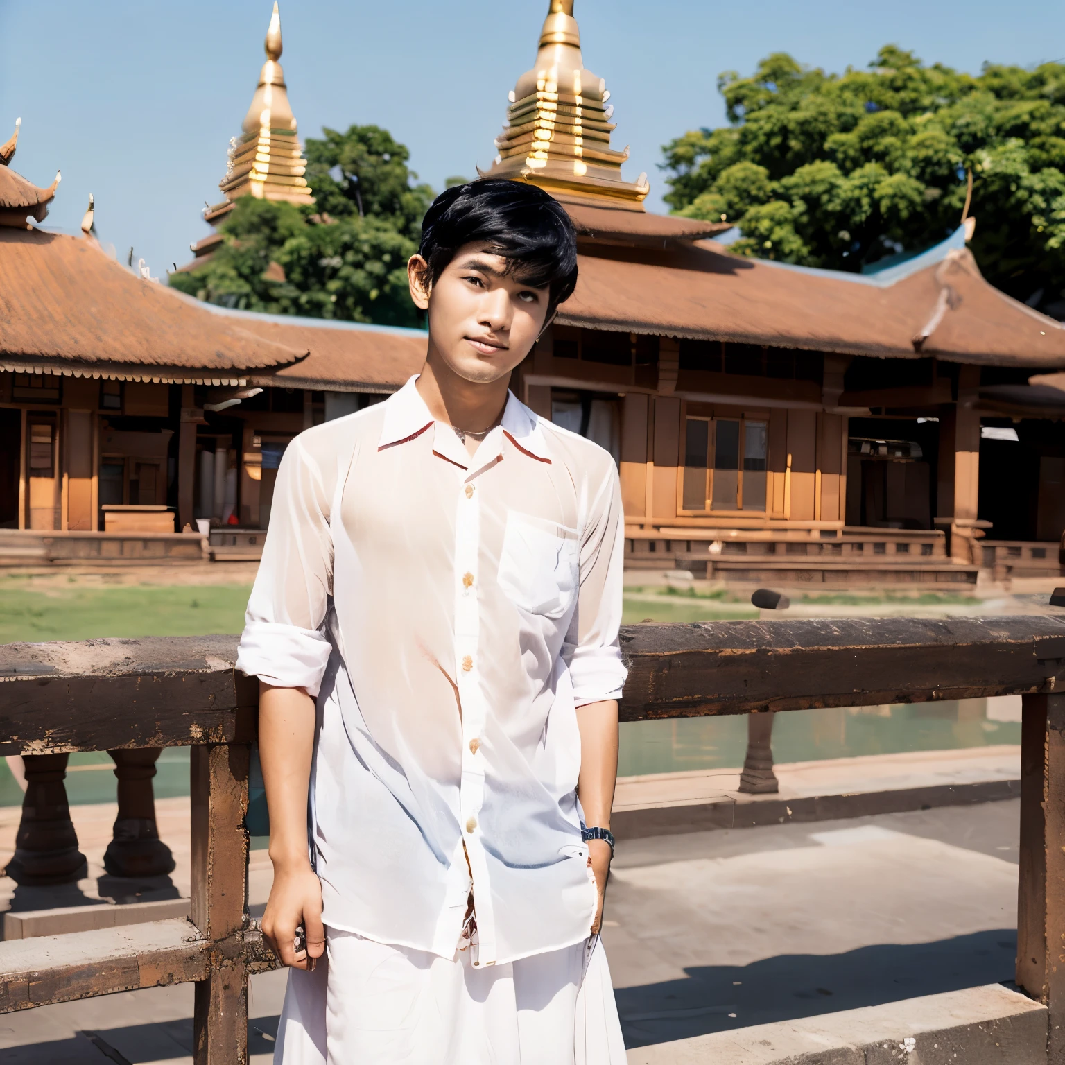 Burmese man wearing clean Shirt and Burmese Lon-Gyi. He is 30years old. background is Bagan pagodas.