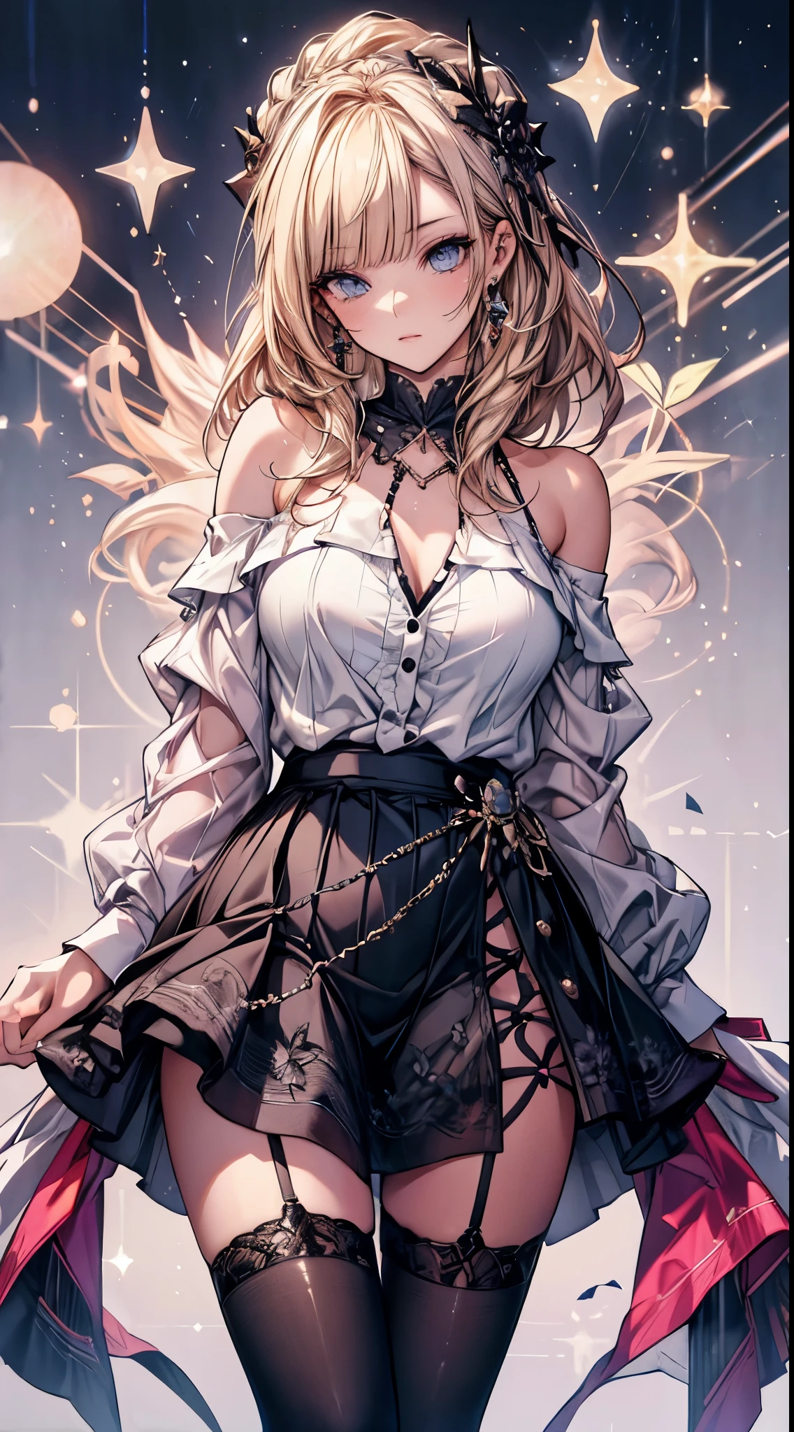 masterpiece, highest quality, High resolution, SA1, Off-shoulder blouse, Floral miniskirt, black stockings, Sparkly eyes, false eyelashes,