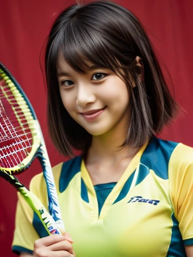 (1 person),(Best image quality, 8k, masterpiece:1.3),(bangs:1.3),(Sweat:1.1),(Play tennis), (swing tennis racket:1.1), (Yellow tennis uniform), (Tennis court),(Tennis ball),whole body、White sneakers