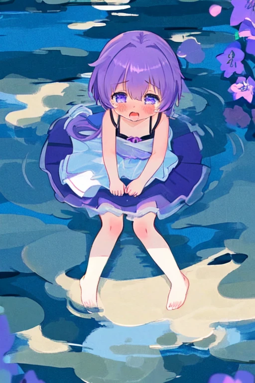 kirisame_marisa and rem,Purple iris,tears falling down,(2 girls:1.1),(eye to eye:1.1),(Kiss on the lips:1.1),Drooling in the mouth,Whole body,Too cute、sweet,shy,Purple iris发饰,Background next to clear Lake Baikal、The river water is clear and transparent、The slanting shadow of the moonlight pours on the lake、There are ripples on the water surface,Barefoot