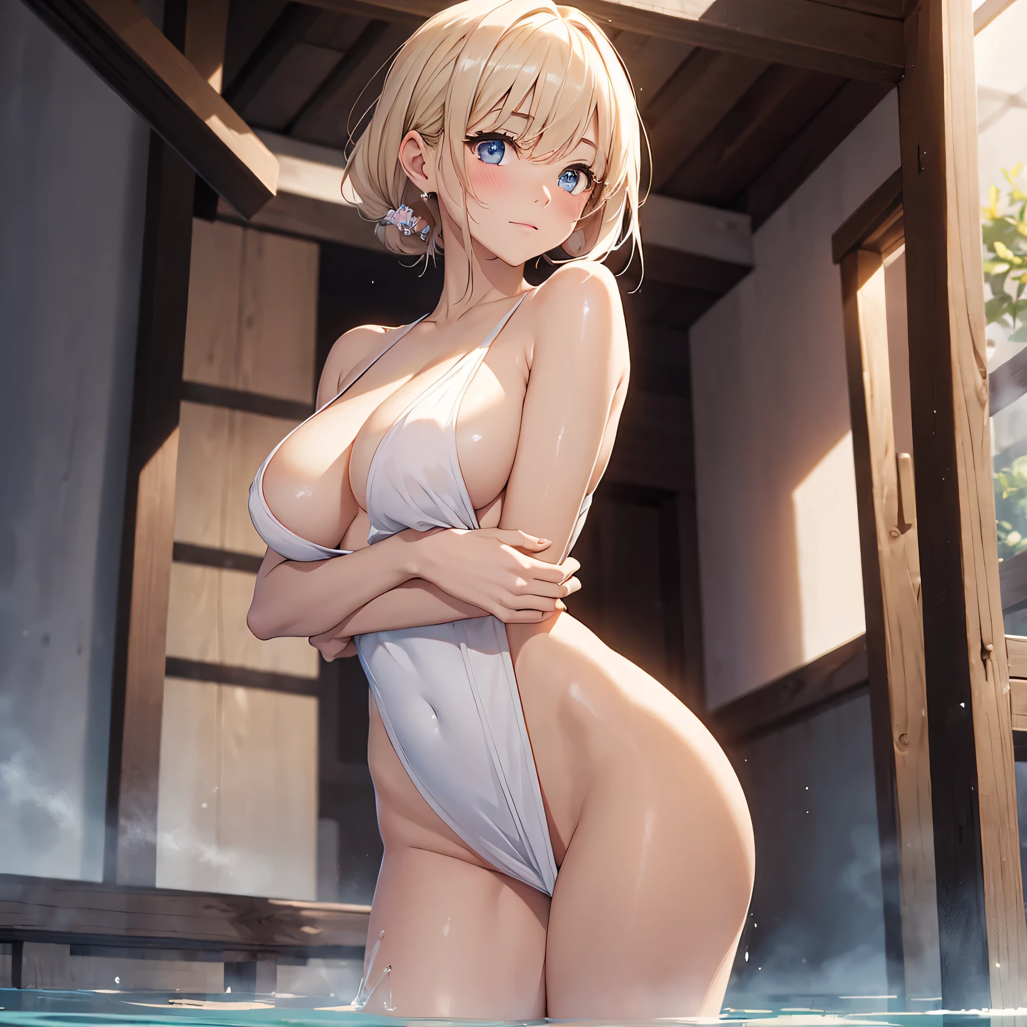 (masterpiece:2.0), (highest quality:2.0), (Leaning forward naked in a hot spring:1.5), (Extra short white tube top towel:1.5), (super sexy pose:1.5), (look up from below:1.5), (perfectly exposed shoulders:1.5), (perfectly exposed nape:1.5), (blushing face:1.5), (cover your crotch with your hands:1.5), (cover your chest with your hands:1.5), (spilling breasts:1.5), (realistic:1.5), 1 , very cute girl, precision small hands, You look embarrassed when you look at me, light smile, innocent face, young face, clear eyes, shining eyes, small breasts, I can see the side boob, I can see your shoulders, I can see the cleavage, no pubic hair, dynamic posing, beautiful skin, Super fine, highest resolution, Japanese high school student, golden hair