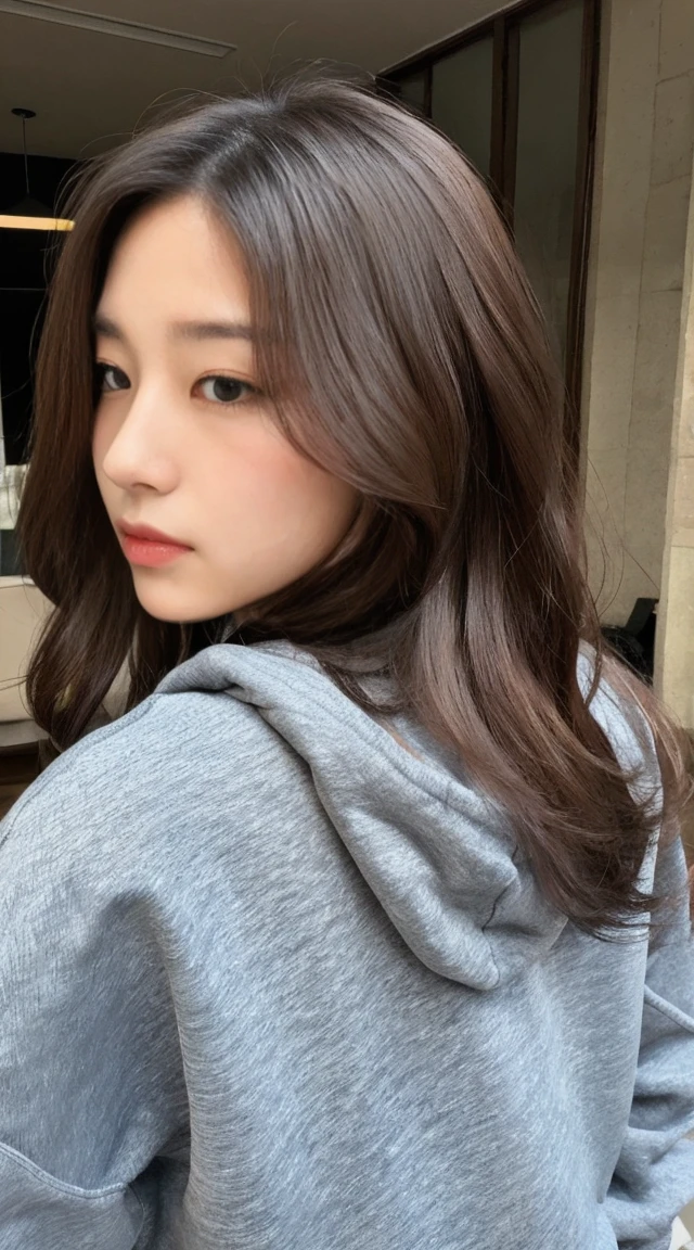 Heavyweight sweatshirt half zip pullover、T-back、A woman with the same face as last time(misaki)，４Ｋ、１people&#39;s women、slender、 Loose wavy styling 、seductive and attractive、full body shot,Including face and skin texture，detailed eyes、a seductive look