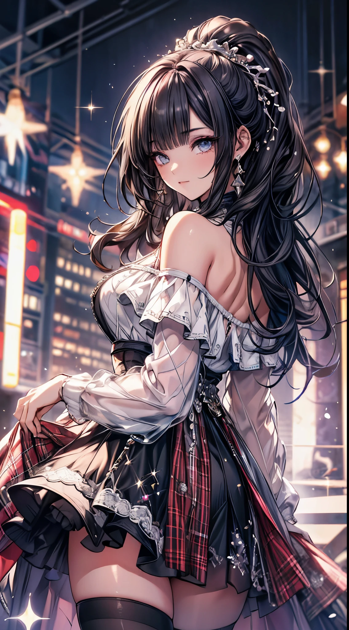masterpiece, highest quality, High resolution, SA1, Plaid off-shoulder dress, black stockings, Sparkly eyes, false eyelashes,
