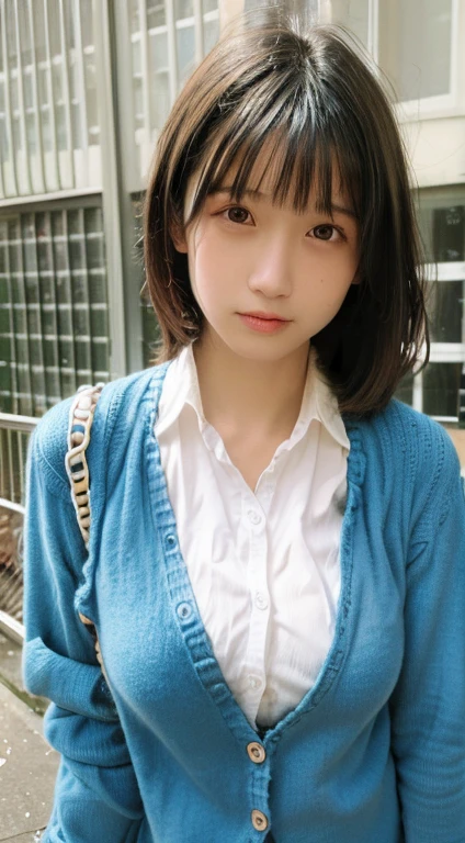 (masterpiece:1.4), (8K, realistic, RAW photo, highest quality: 1.4), Japanese, (1 girl), beautiful face, (realistic face:1.4), (very detailed髪:1.3), beautiful hairstyle, realistic eyes, beautiful and fine eyes, (realistic skin:1.3), beautiful skin, Charm, ultra high resolution, surreal, very detailed, golden ratio, (detailed face:1.4), (Realistic medium breasts:1.4), (school uniform Cardigan:1.5),(school:1.3),soaking wet skin
