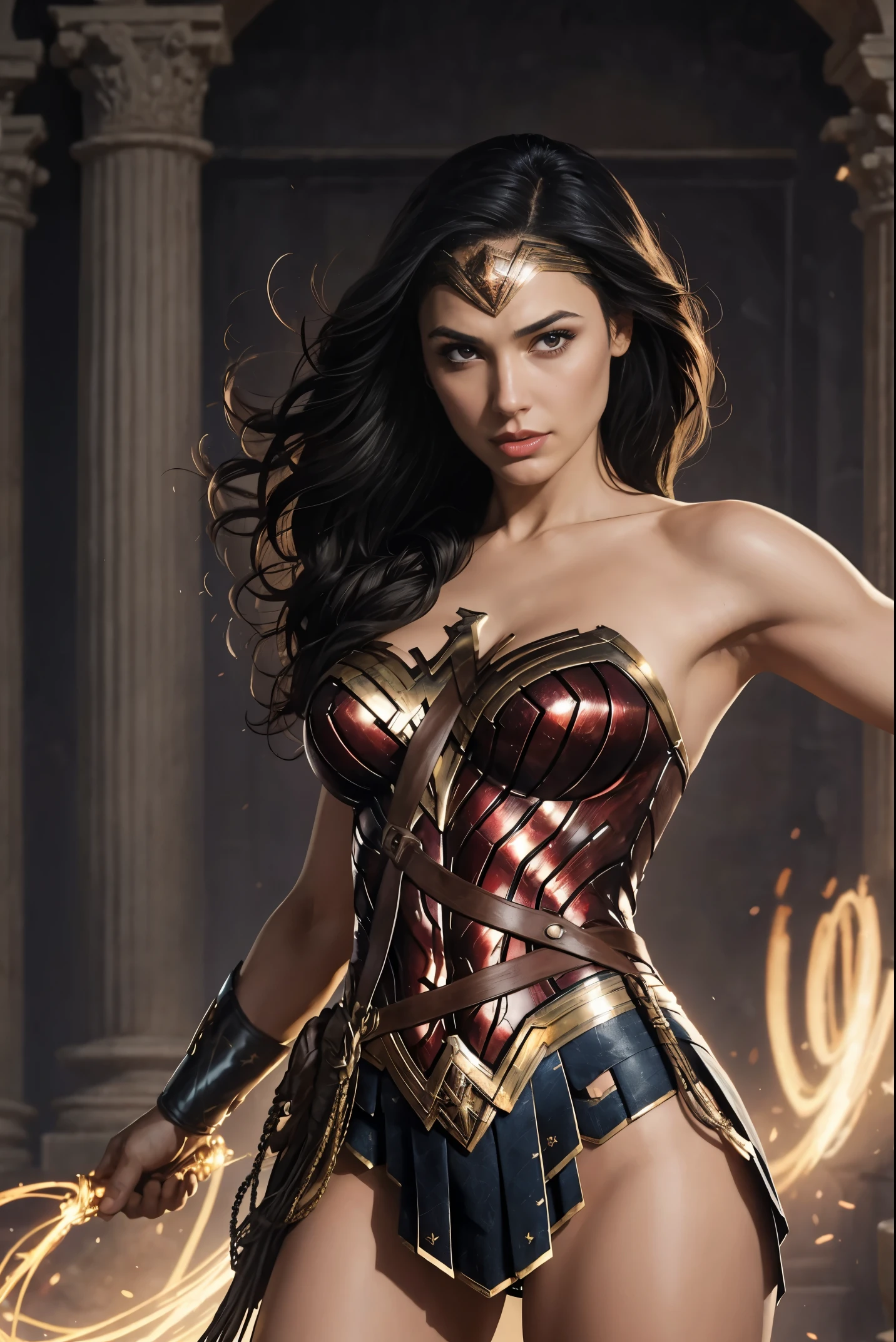 Art image of Gal Gadot as Wonder Woman, busty, beautiful, black hair, large breasts, ancient Athens background, by Louis Royo, Boris Vallejo, Frank Frazetta, extreme focus, sharp details, sexy,  oily skin, sexy, naughty, dynamic pose