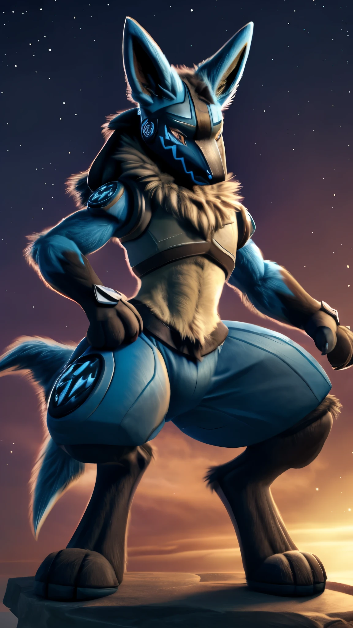 best quality, masterpiece work, high quality, Lucario (Pokemon), Male Lucario, (((Lucario's Fur))), ((Lucario's appearance)), protogen, Lucario × Protogen, strike a pose
