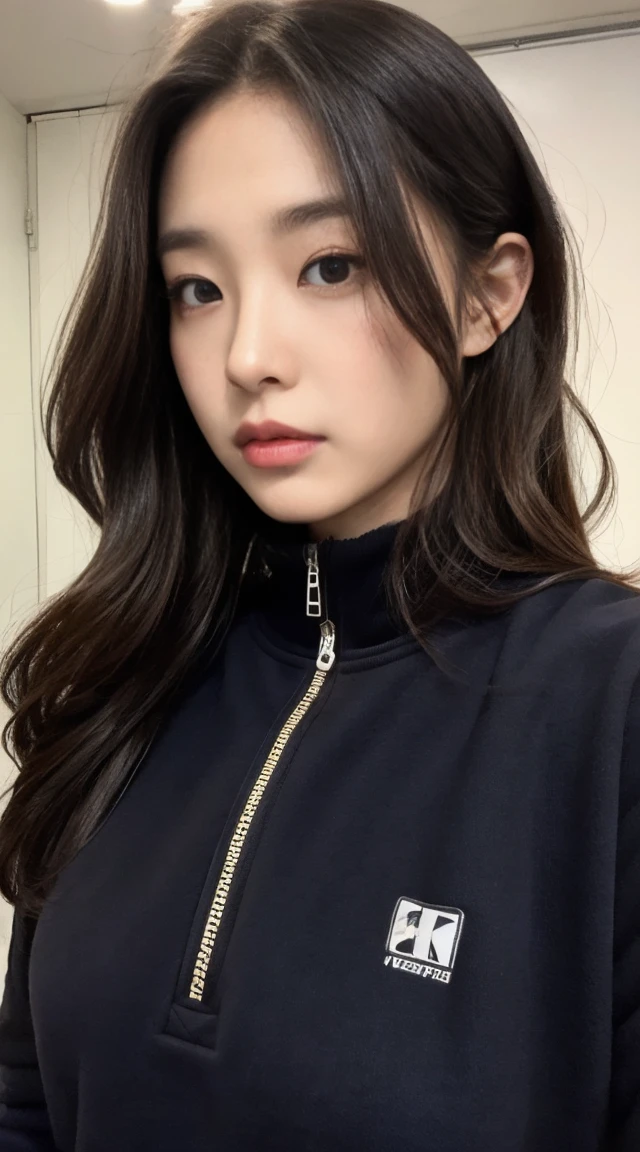 Heavyweight sweatshirt half zip pullover、Wearing a T-back、A woman with the same face as last time(misaki)，４Ｋ、１people&#39;s women、slender、 Loose wavy styling 、seductive and attractive、full body shot,Including face and skin texture，detailed eyes、a seductive look