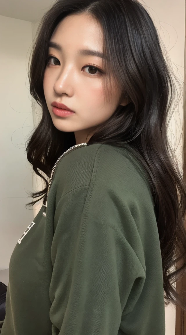 Heavyweight sweatshirt half zip pullover、Wearing a T-back、A woman with the same face as last time(misaki)，４Ｋ、１people&#39;s women、slender、 Loose wavy styling 、seductive and attractive、full body shot,Including face and skin texture，detailed eyes、a seductive look