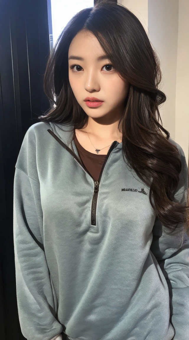 Heavyweight sweatshirt half zip pullover,Heavyweight sweatshirt wide easy pants、A woman with the same face as last time(misaki)，４Ｋ、１people&#39;s women、slender、 Loose wavy styling 、seductive and attractive、full body shot,Including face and skin texture，detailed eyes、a seductive look