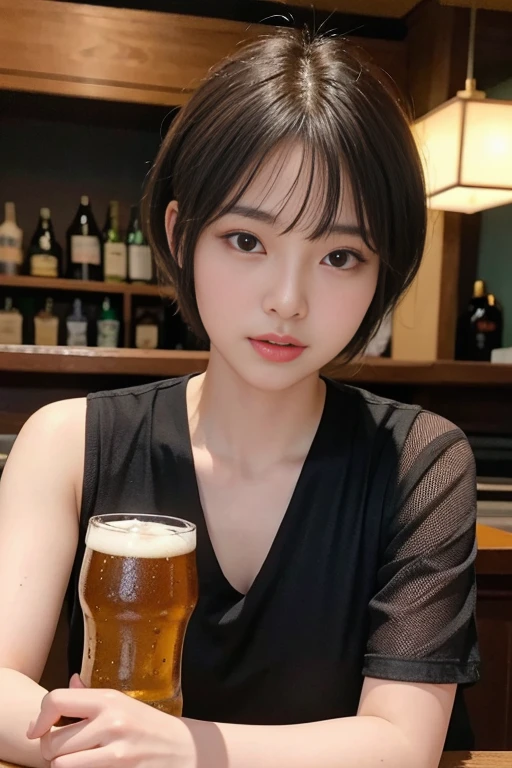 short cut hair,beautiful,K-POP idol,japanese idol,japanese actress,High resolution,beautiful skin,8K,RAW photo,highest quality,masterpiece,realistic,photo-realistic,clear,professional lighting,highest quality,超High resolution,Beer,date at the bar,Beer