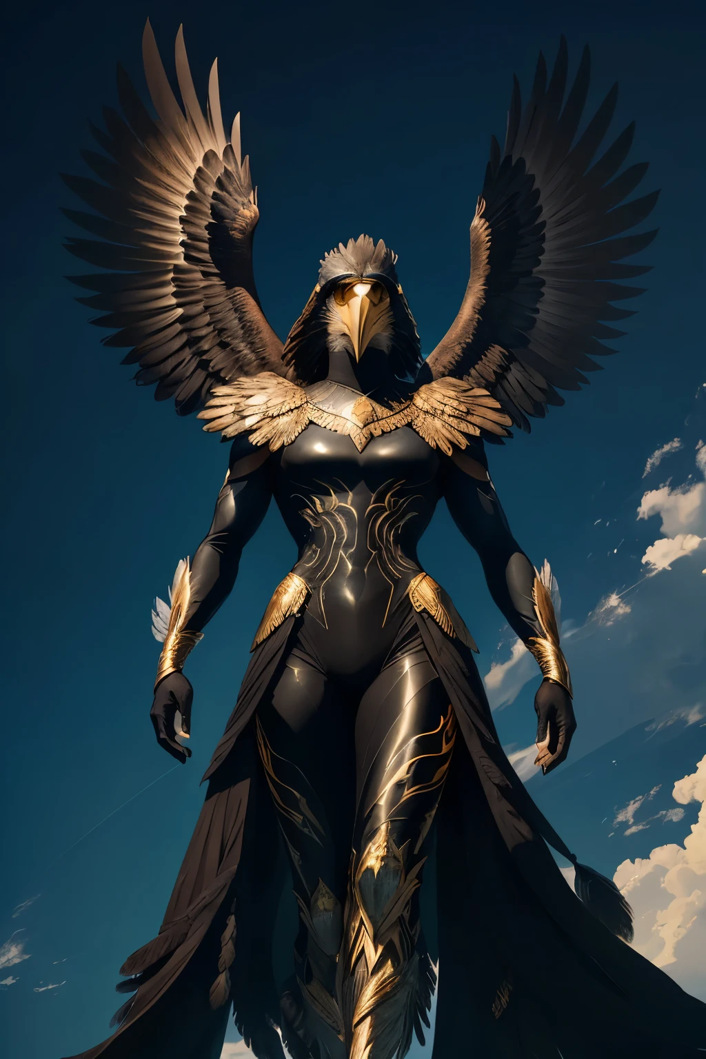 In the vast expanse of the sky, a majestic humanoid eagle stands tall, its powerful muscles taut and readied for flight. With piercing golden eyes, it gazes out at the horizon, the wind ruffling its feathers as it conveys a vision of unyielding determination, raw strength, and ethereal beauty. Dressed in a sleek, form-fitting black suit, the eagle's feathers merge seamlessly with the material, creating an intriguing contrast between nature and technology. The suit, with its shiny surface, reflects the sunlight, casting a resplendent glow around the eagle, enhancing its regal and imposing presence. The scene is rendered
