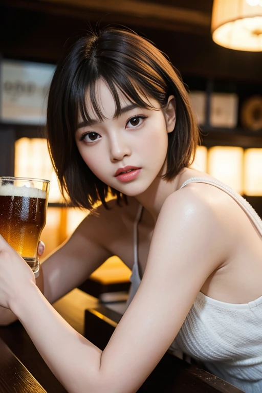 short cut hair,beautiful,K-POP idol,japanese idol,japanese actress,High resolution,beautiful skin,8K,RAW photo,highest quality,masterpiece,realistic,photo-realistic,clear,professional lighting,highest quality,超High resolution,Beer,date at the bar,Beer