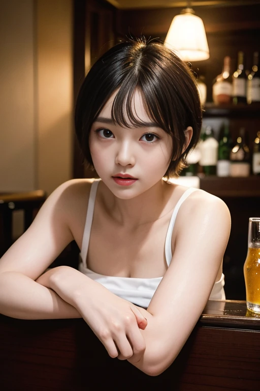 (((Selfie of a naked girl sitting in a happening bar))), (High resolution:1.3), (16k, Realistic, RAW Photos, Best image quality: 1.4), Japanese, (One Girl), Beautiful Face, (A vivid face), (Black-haired、short hair:1.3、bangs:1.2), Beautiful Hairstyles, Realistic eyes, Beautiful and detailed, (Realistic Skin), Beautiful skins, charm, 超A high resolution, Surreal, High detail, Golden Ratio, Highly detailed cute girl,(20-year-old), (Crying face:1.1)