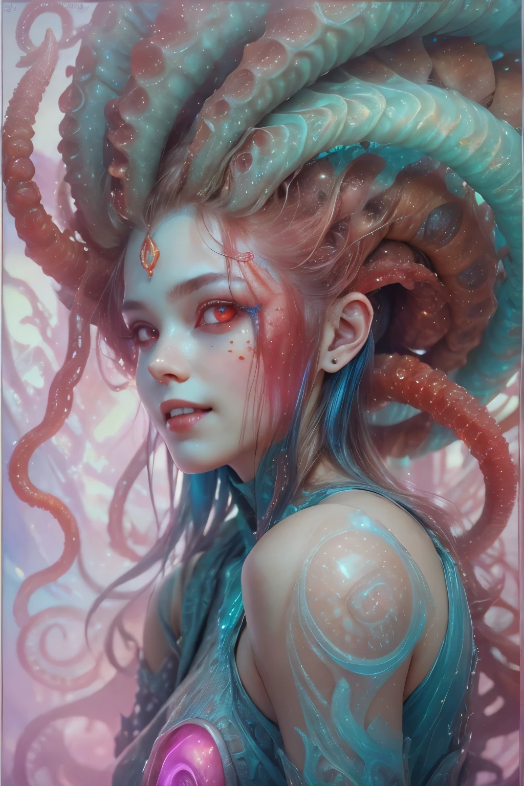 scary and sexy detailed art in color, Portrait, (beautiful and obscene female alien:1.4), (vulgarity1.7), (she has red eyes with no pupils:1.8), (Translucent blueskin:1.7), (There is a female genital-like organ in the middle of the forehead:1.9), (The most beautiful face in the history of the universe:1.2),an evil gaze that seduces, (large mouth:1.1), (sharp teeth like a vampire:1.2), Full body portrait, (bio luminescent:1.5), (Smile wickedly:1.3), (sexypose:1.5), alien, No humans, cells are fused, (Lots of translucent tentacles:1.3) extraterrestrial, cell, bio image, best quality, 8K,In 4K_quality, High freshness, Dramatic Lighting, masutepiece:1.5,cinematic quality, detail up, (exquisite details:1.2), high resolution, High freshness, drawing faithfully, (Thick eyebrows:1.2), Beautiful eyes with fine symmetry,(Highly detailed face and eyes:1.2), Intimate face, (Super detailed skin quality feeling:1.4), perfect anatomy, (Beautiful toned body:1.5), (Moist skin:1.2), not wearing makeup, (dark circles:1.1), long canines, cinematic drawing of characters, ultra high quality model, cinematic quality, detail up, (exquisite details:1.2), high resolution, High freshness, drawing faithfully, official art, Unity 8K Wall paper, best quality, Very high resolution, ultra detailed artistic photography, midnight aura, unreal engine 5, Ultra Sharp Focus, art by Amano Yoshitaka, ArtGerm, Roisch, intricate artwork, best quality, masterpiece, ultra high resolution, (photos realistic:1.4), ultra realistic realism, dream-like, nautilus, Creation of fantasy, Snail, Dream Snail, (biopunk nautilus:1.3),Thrilling color schemes, ultra realistic realism, seductively smiling, Blue tentacles, Amazing mutation, well-proportioned body, goddess of the deep sea