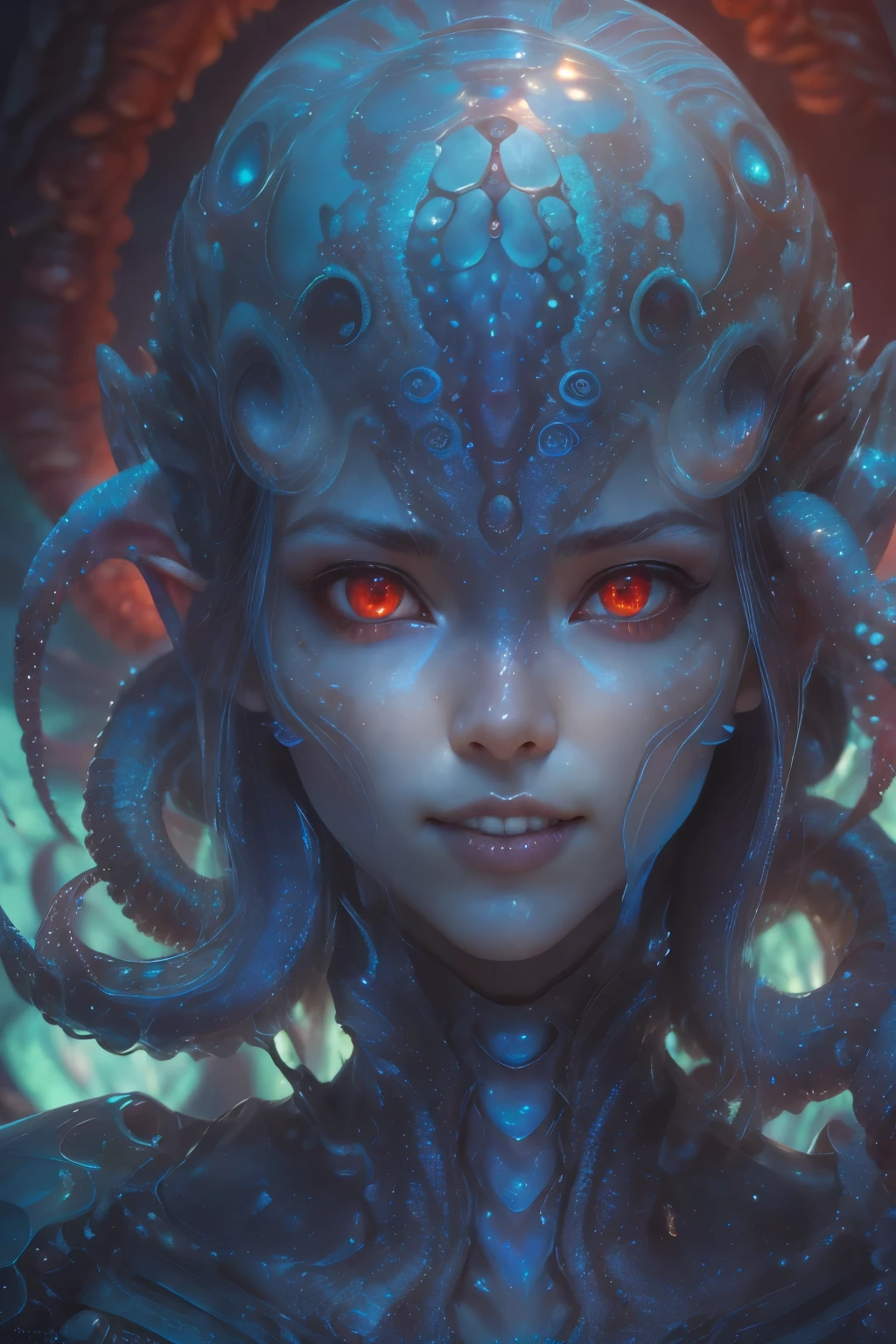 scary and sexy detailed art in color, Portrait, (beautiful and obscene female alien:1.4), (vulgarity1.7), (she has red eyes with no pupils:1.8), (Translucent blueskin:1.7), (There is a female genital-like organ in the middle of the forehead:1.9), (The most beautiful face in the history of the universe:1.2),an evil gaze that seduces, (large mouth:1.1), (sharp teeth like a vampire:1.2), Full body portrait, (bio luminescent:1.5), (Smile wickedly:1.3), (sexypose:1.5), alien, No humans, cells are fused, (Lots of translucent tentacles:1.3) extraterrestrial, cell, bio image, best quality, 8K,In 4K_quality, High freshness, Dramatic Lighting, masutepiece:1.5,cinematic quality, detail up, (exquisite details:1.2), high resolution, High freshness, drawing faithfully, (Thick eyebrows:1.2), Beautiful eyes with fine symmetry,(Highly detailed face and eyes:1.2), Intimate face, (Super detailed skin quality feeling:1.4), perfect anatomy, (Beautiful toned body:1.5), (Moist skin:1.2), not wearing makeup, (dark circles:1.1), long canines, cinematic drawing of characters, ultra high quality model, cinematic quality, detail up, (exquisite details:1.2), high resolution, High freshness, drawing faithfully, official art, Unity 8K Wall paper, best quality, Very high resolution, ultra detailed artistic photography, midnight aura, unreal engine 5, Ultra Sharp Focus, art by Amano Yoshitaka, ArtGerm, Roisch, intricate artwork, best quality, masterpiece, ultra high resolution, (photos realistic:1.4), ultra realistic realism, dream-like, nautilus, Creation of fantasy, Snail, Dream Snail, (biopunk nautilus:1.3),Thrilling color schemes, ultra realistic realism, seductively smiling, Blue tentacles, Amazing mutation, well-proportioned body, goddess of the deep sea