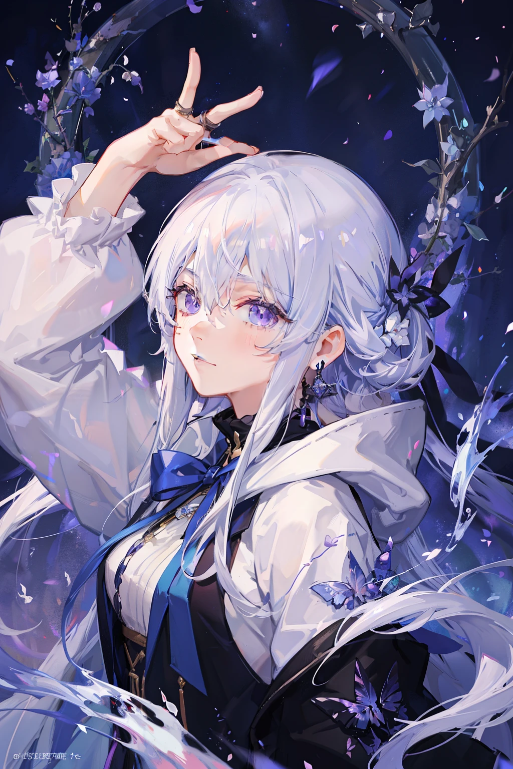 first-class、high resolution、beautiful、One man、white hair tied back、parting bangs、The left side of the hair is draped over the ear.、purple eyes、Red Hoodie、earrings、frivolous