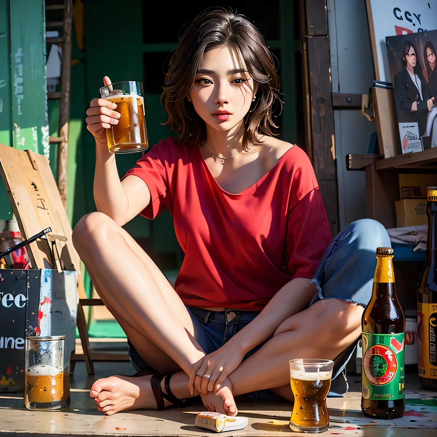 there is a woman sitting on the ground holding a glass of beer, realistic illustrative painting, ultra - realistic painting, super realistic painting style, realistic painting, realistic oil painting, ultrarealistic oil painting, a hyperrealistic painting, a photorealistic painting, ultra realistic oil painting, realism art, realistic cute girl painting, hyper - realistic oil painting