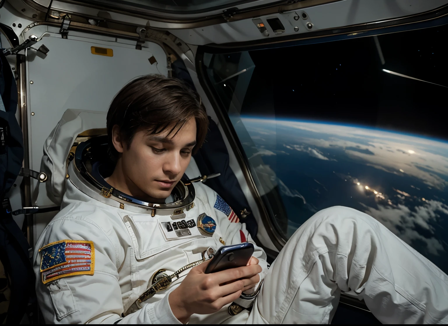 astronaut in space looking at his cell phone