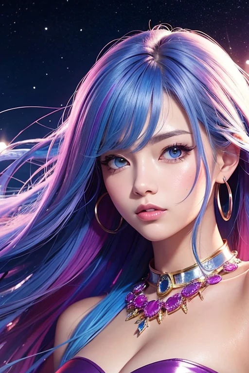 Close-up of a woman with rich and colorful hair and necklace, Cosmic hair anime girl, RossDraws soft vibrancy, The art in the style of Guvez, fantasy art style, rich and colorful], Vibrant fantasy style, Ross cartoon full of energy, cosmic and rich and colorful, guweiz, rich and colorful digital fantasy art, Stunning art style, cute anime style, shiny hair