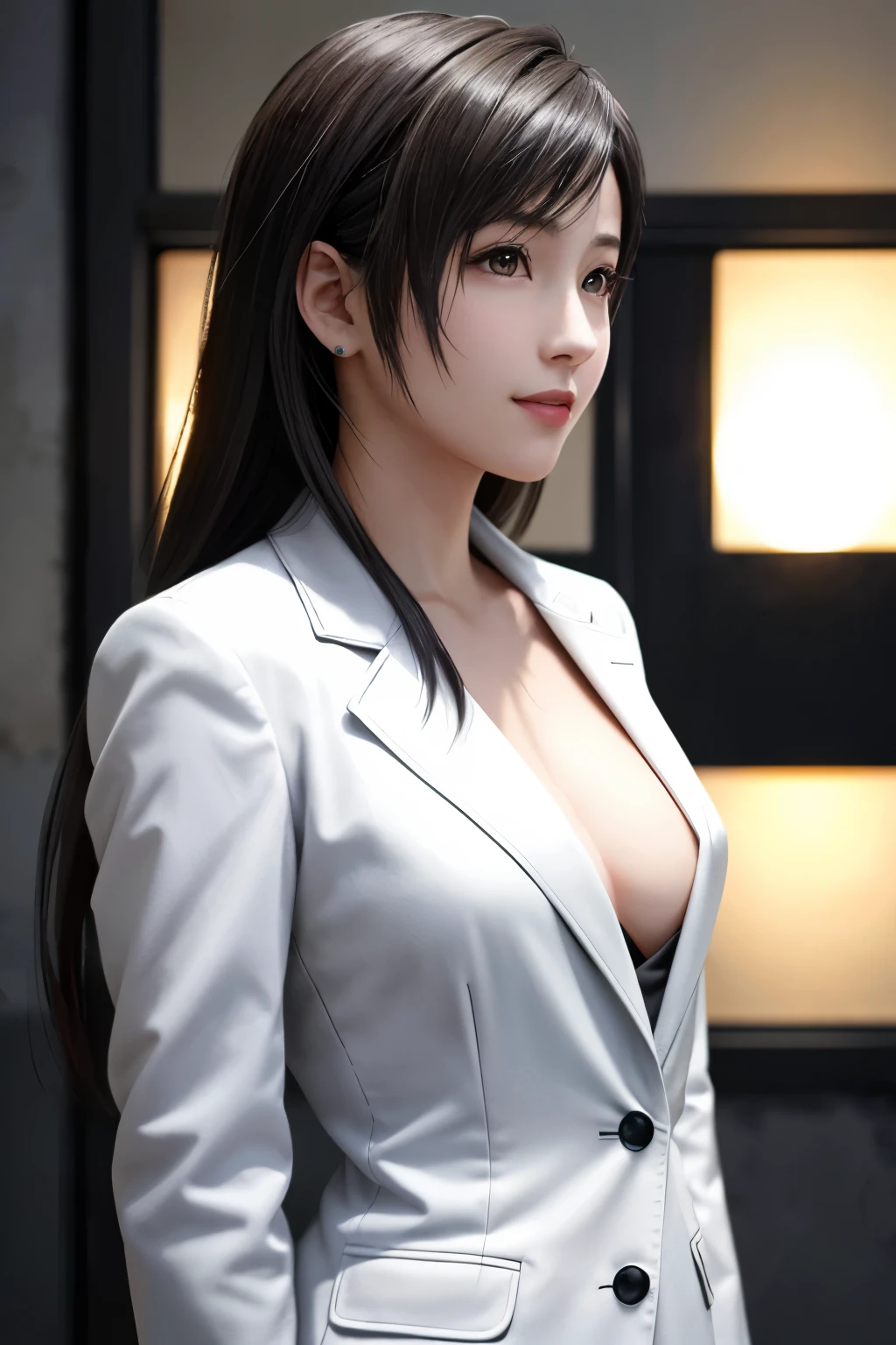 (top quality, masutepiece: 1.1), (Realistic: 1.3), BREAK (((FF7,Tifa_lockhart))),(solo,Tifa:1.2),(japanese ,gray tailored jacket,gray tailored pant,office suit:1.3) ,(office, indoor),(strong will,sexy pose:1.1),Ultra-detailed face, Detailed eyes,Red eyes, BREAK (((FF7,Tifa_lockhart))),(light brown hair, Large breasts: 1.2), BREAK (Small and beautiful hard nipple) About 18 years old,kawaii,smile,face focus:1.5,side view:1.2