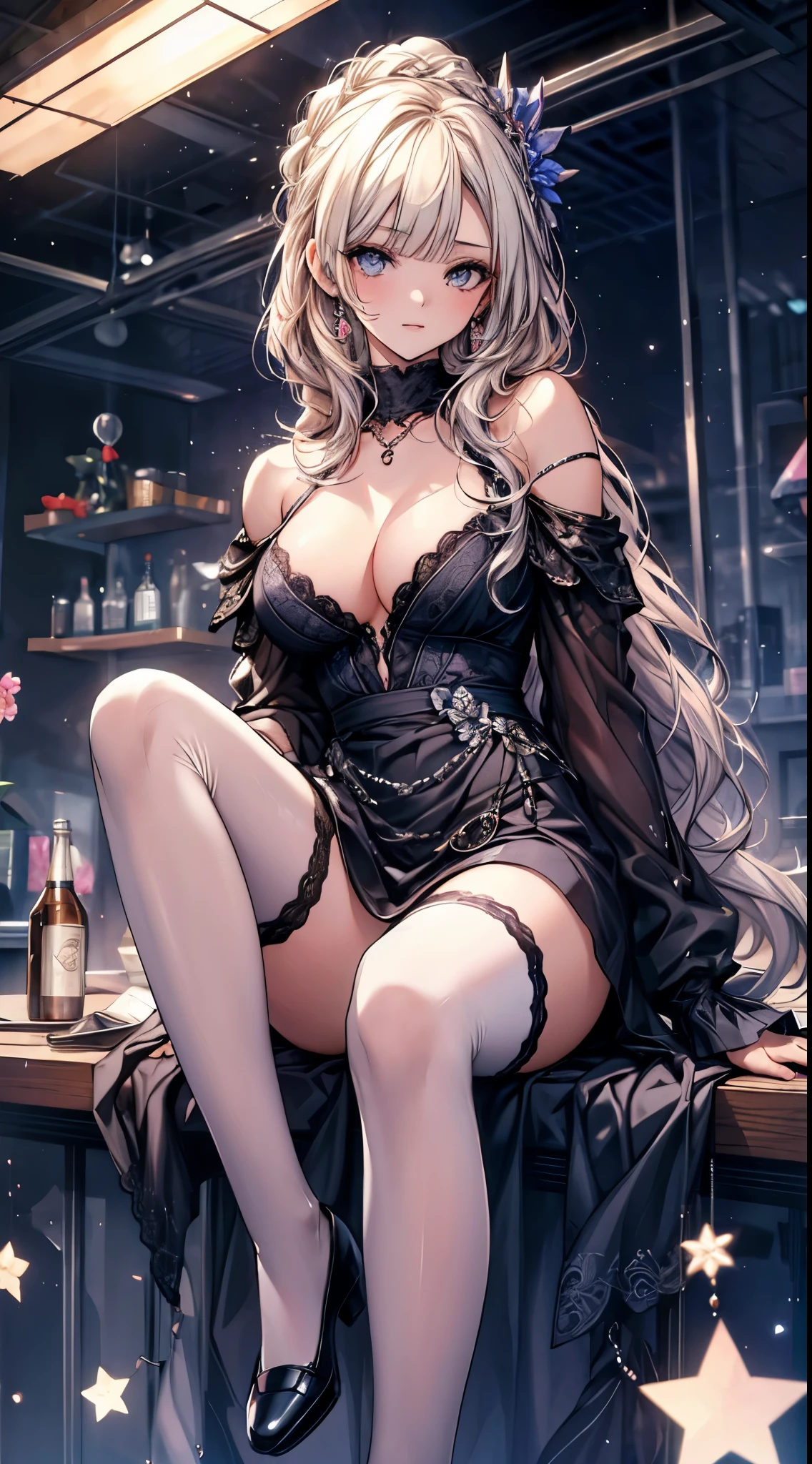 masterpiece, highest quality, High resolution, SA1, Floral off-the-shoulder dress, black stockings, Sparkly eyes, false eyelashes,