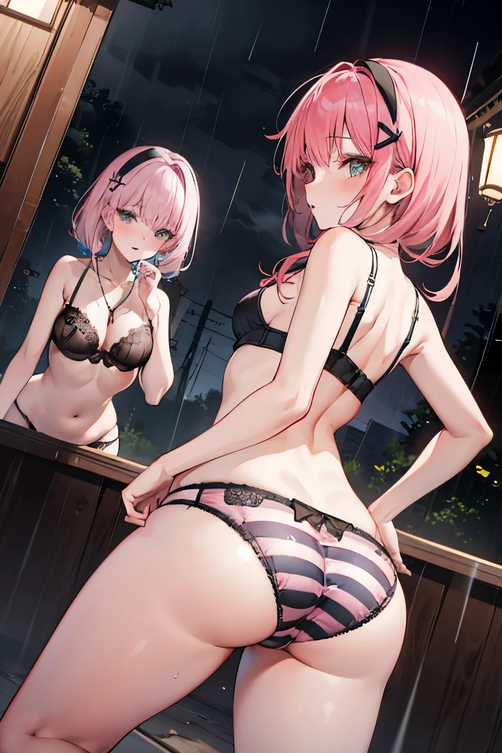rainy night ,Village Road,Slim girl,exposed,facing away,look back,The chest is large,pain,(striped hair),pink hair,underwear,sexy,higher details,two girls