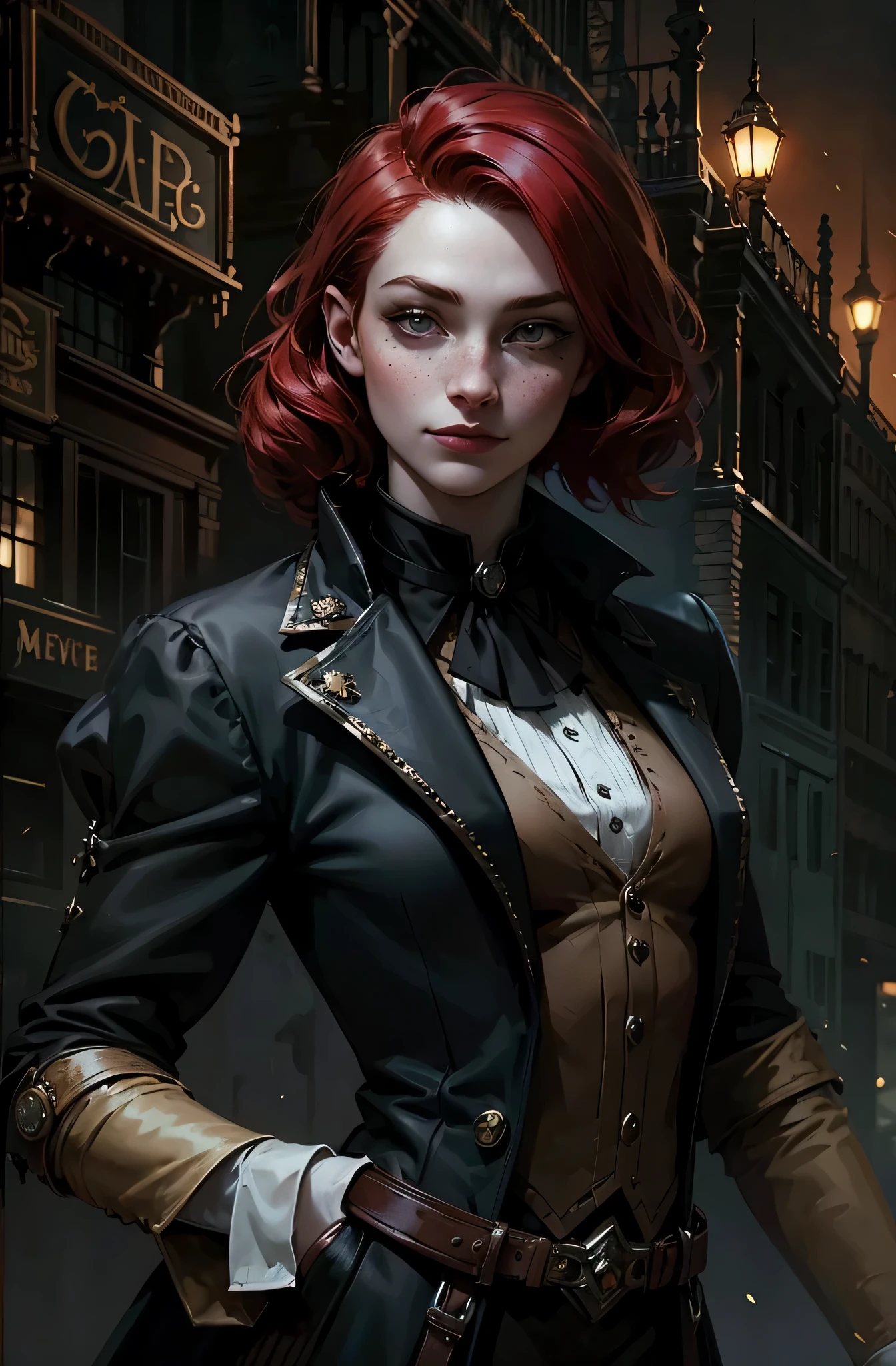 fantasy steampunk, a young girl, brush cut, red hair, freckles, pale eyes, smiley face, black velvet men's coat in noir style, with a high collar, black velvet vest underneath, she is an illusionist and fortune teller, ager, Western fantasy style