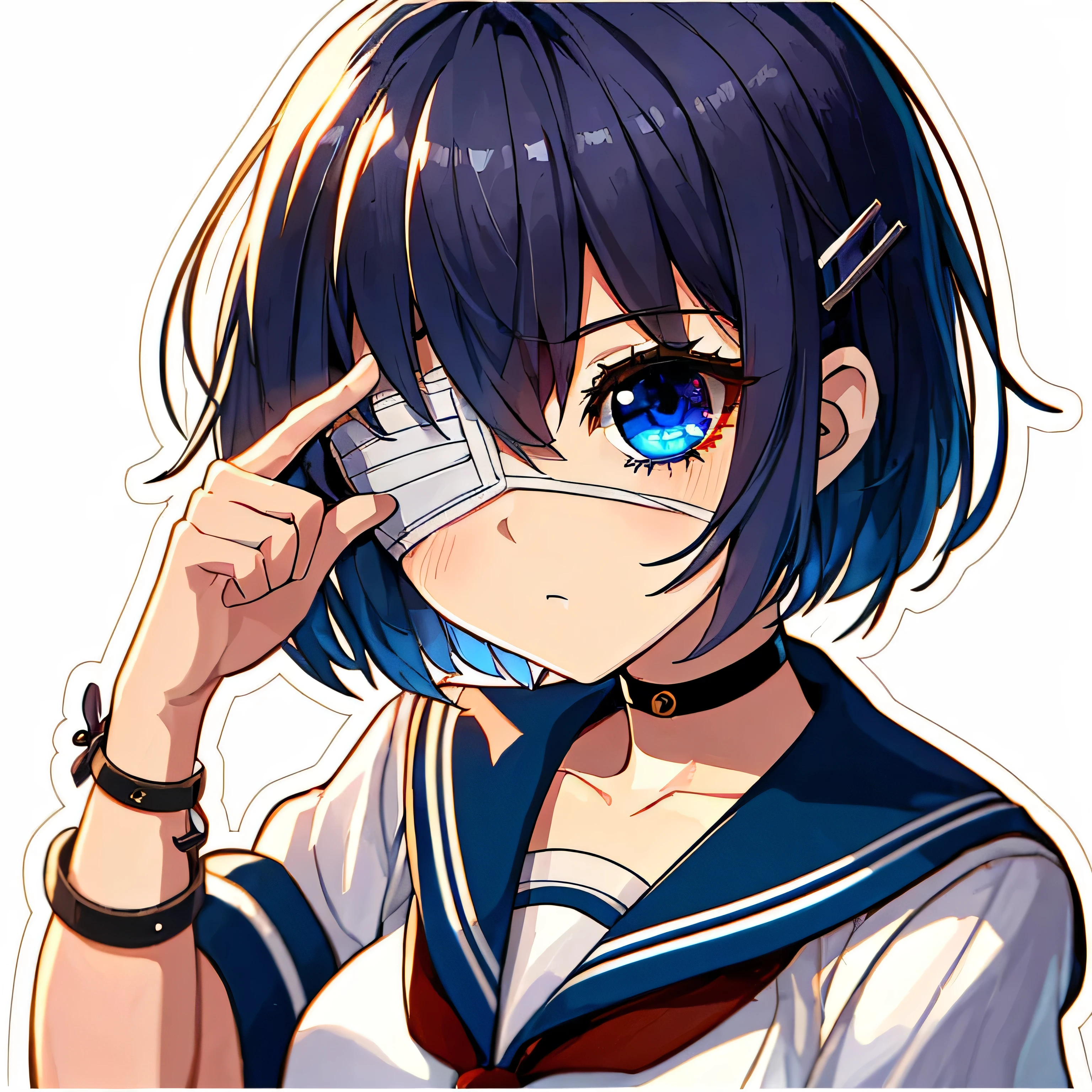 short female anime character, dark blue hair, Partially covers right eye, What you can see under the thin white eye patch. she has heterochromia、one eye is blue、the other eye is brown. Height: 158cm、Standard body shape、clear eyes. The moment when he lifts his eyepatch with his fingers is captured., reveal her hidden eyes. She wears a navy blue sailor uniform with a white collar and cuffs。. The style is detailed, colorful, and lively, Perfect for LINE stamps. No text or additional characters.