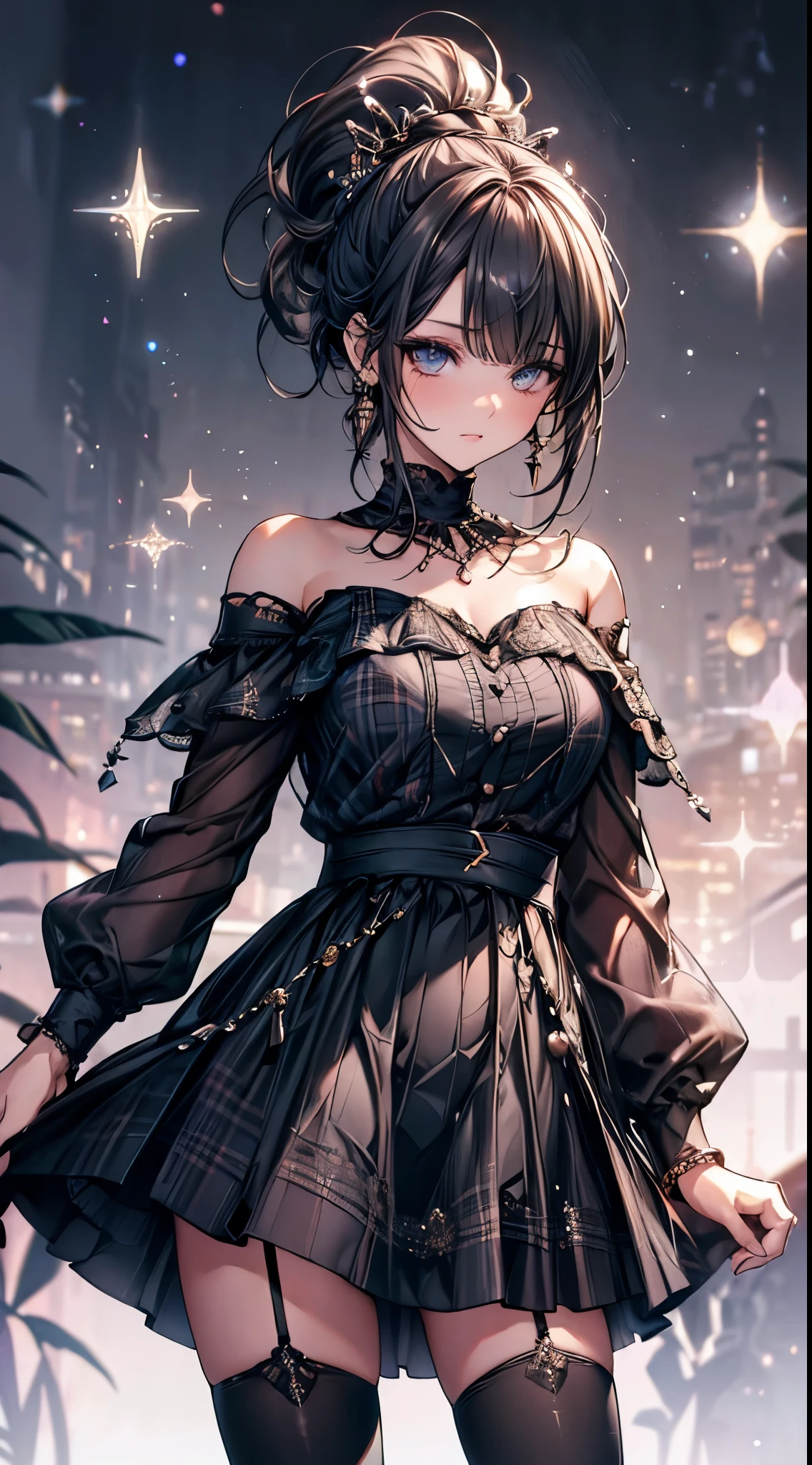 masterpiece, highest quality, High resolution, SA1, Plaid off-shoulder dress, black stockings, Sparkly eyes, false eyelashes, ponytail,
