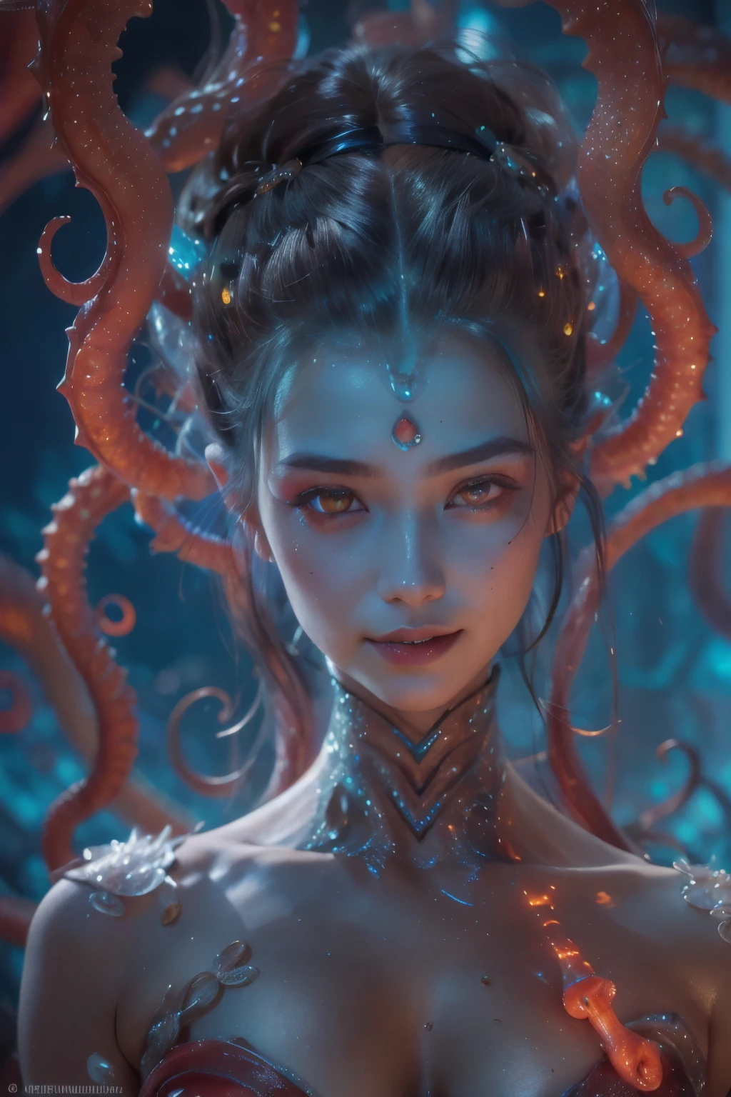 scary and sexy detailed art in color, Portrait, (beautiful and obscene female alien:1.4), (vulgarity1.7), (she has red eyes with no pupils:1.8), (Translucent blueskin:1.7), (There is a female genital-like organ in the middle of the forehead:1.9), (The most beautiful face in the history of the universe:1.2),an evil gaze that seduces, (large mouth:1.1), (sharp teeth like a vampire:1.2), Full body portrait, (bio luminescent:1.5), (Smile wickedly:1.3), (sexypose:1.5), alien, No humans, cells are fused, (Lots of translucent tentacles:1.3) extraterrestrial, cell, bio image, best quality, 8K,In 4K_quality, High freshness, Dramatic Lighting, masutepiece:1.5,cinematic quality, detail up, (exquisite details:1.2), high resolution, High freshness, drawing faithfully, (Thick eyebrows:1.2), Beautiful eyes with fine symmetry,(Highly detailed face and eyes:1.2), Intimate face, (Super detailed skin quality feeling:1.4), perfect anatomy, (Beautiful toned body:1.5), (Moist skin:1.2), not wearing makeup, (dark circles:1.1), long canines, cinematic drawing of characters, ultra high quality model, cinematic quality, detail up, (exquisite details:1.2), high resolution, High freshness, drawing faithfully, official art, Unity 8K Wall paper, best quality, Very high resolution, ultra detailed artistic photography, midnight aura, unreal engine 5, Ultra Sharp Focus, art by Amano Yoshitaka, ArtGerm, Roisch, intricate artwork, best quality, masterpiece, ultra high resolution, (photos realistic:1.4), ultra realistic realism, dream-like, nautilus, Creation of fantasy, Snail, Dream Snail, (biopunk nautilus:1.3),Thrilling color schemes, ultra realistic realism, seductively smiling, Blue tentacles, Amazing mutation, well-proportioned body, goddess of the deep sea