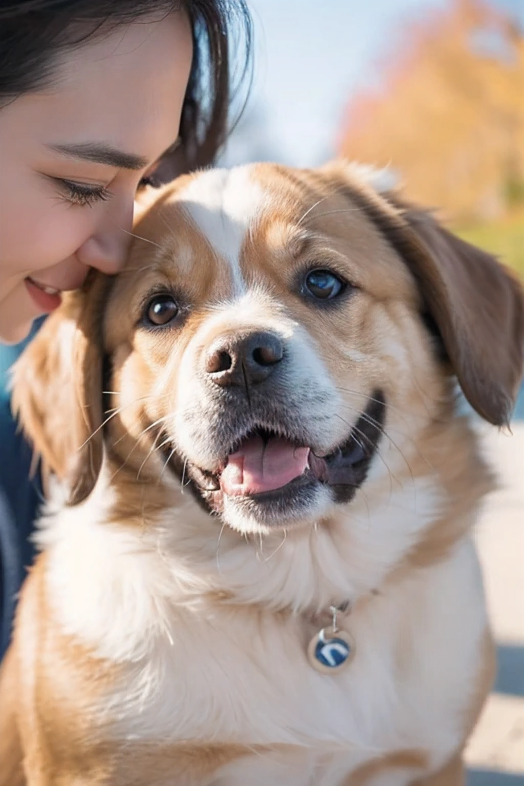 "close up, HD images perfectly capture dogs' facial expressions, focus on its clear, Emotional eyes and joyful smile. imagine a composition,where the dog’s face is the center of attention, every beard, Fur texture, The light in its eyes is depicted in stunning detail. The background is soft and unfocused,to focus attention on the dog's face, Radiate happiness and contentment. Natural light should highlight the contours of the dog’s face, Emphasize its charming expression,without casting harsh shadows or losing any facial detail. The image should look like it was taken on a candid camera, A moment of tenderness, Demonstrate the genuine bond between a dog and its human companion."