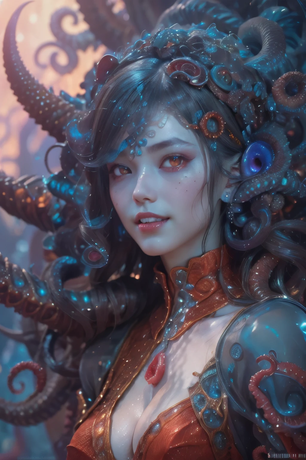 scary and sexy detailed art in color, Portrait, (beautiful and obscene female alien:1.4), (vulgarity1.7), (she has red eyes with no pupils:1.8), (Translucent blueskin:1.7), (There is a female genital-like organ in the middle of the forehead:1.9), (The most beautiful face in the history of the universe:1.2),an evil gaze that seduces, (large mouth:1.1), (sharp teeth like a vampire:1.2), Full body portrait, (bio luminescent:1.5), (Smile wickedly:1.3), (sexypose:1.5), alien, No humans, cells are fused, (Lots of translucent tentacles:1.3) extraterrestrial, cell, bio image, best quality, 8K,In 4K_quality, High freshness, Dramatic Lighting, masutepiece:1.5,cinematic quality, detail up, (exquisite details:1.2), high resolution, High freshness, drawing faithfully, (Thick eyebrows:1.2), Beautiful eyes with fine symmetry,(Highly detailed face and eyes:1.2), Intimate face, (Super detailed skin quality feeling:1.4), perfect anatomy, (Beautiful toned body:1.5), (Moist skin:1.2), not wearing makeup, (dark circles:1.1), long canines, cinematic drawing of characters, ultra high quality model, cinematic quality, detail up, (exquisite details:1.2), high resolution, High freshness, drawing faithfully, official art, Unity 8K Wall paper, best quality, Very high resolution, ultra detailed artistic photography, midnight aura, unreal engine 5, Ultra Sharp Focus, art by Amano Yoshitaka, ArtGerm, Roisch, intricate artwork, best quality, masterpiece, ultra high resolution, (photos realistic:1.4), ultra realistic realism, dream-like, nautilus, Creation of fantasy, Snail, Dream Snail, (biopunk nautilus:1.3),Thrilling color schemes, ultra realistic realism, seductively smiling, Blue tentacles, Amazing mutation, well-proportioned body, goddess of the deep sea