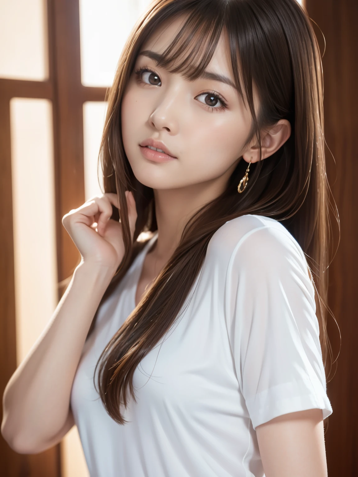 clothed、(photo real:1.4)、(Hyperrealistic:1.4)、(Realstic:1.3)、
(Smoother lighting:1.05)、(Improved lighting quality in movies:0.9)、32K、
1girl、19years old、Realistic lighting、Backlit、Facial light、ray trace、(Brightening light:1.2)、(Increase quality:1.4)、
(best quality real texture skin)、Fine eyes、finerly detailed face、
(Tired, sleepy and satisfied:0.0)、close-up face、T‐shirt、
(Bodyline mood improvement:1.1)、Glossy skin、actress、korean idol、Nogizaka Idol、hposing Gravure Idol