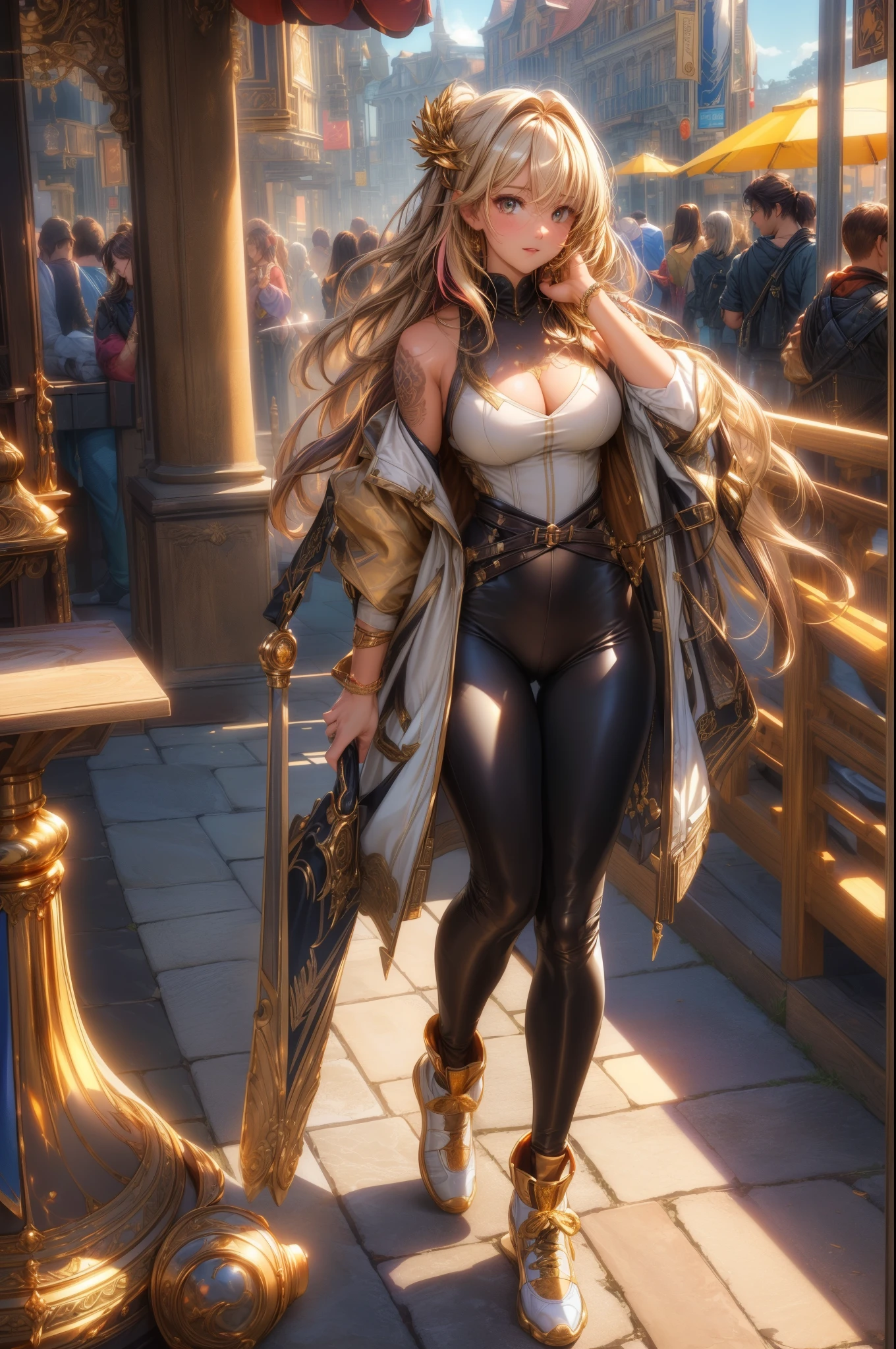 ((Best quality)), ((masterpiece)), (detailed:1.3), 3D ,HDR (High Dynamic Range),cinematic shot, dramatic lighting emphasizing shadows, texture-rich details,, exceptional sharpness, clarity, and color reproduction, optical excellence, utmost in image resolution and quality, 1girl in a abstract shiny gray and gold and cream and tan clothes, artist girl, arm tattoo, loose open long jacket, skin tight leggings, casual shoes, (sombre balayaga,ombre,bronde,multicolor hair,highlights:1.2)