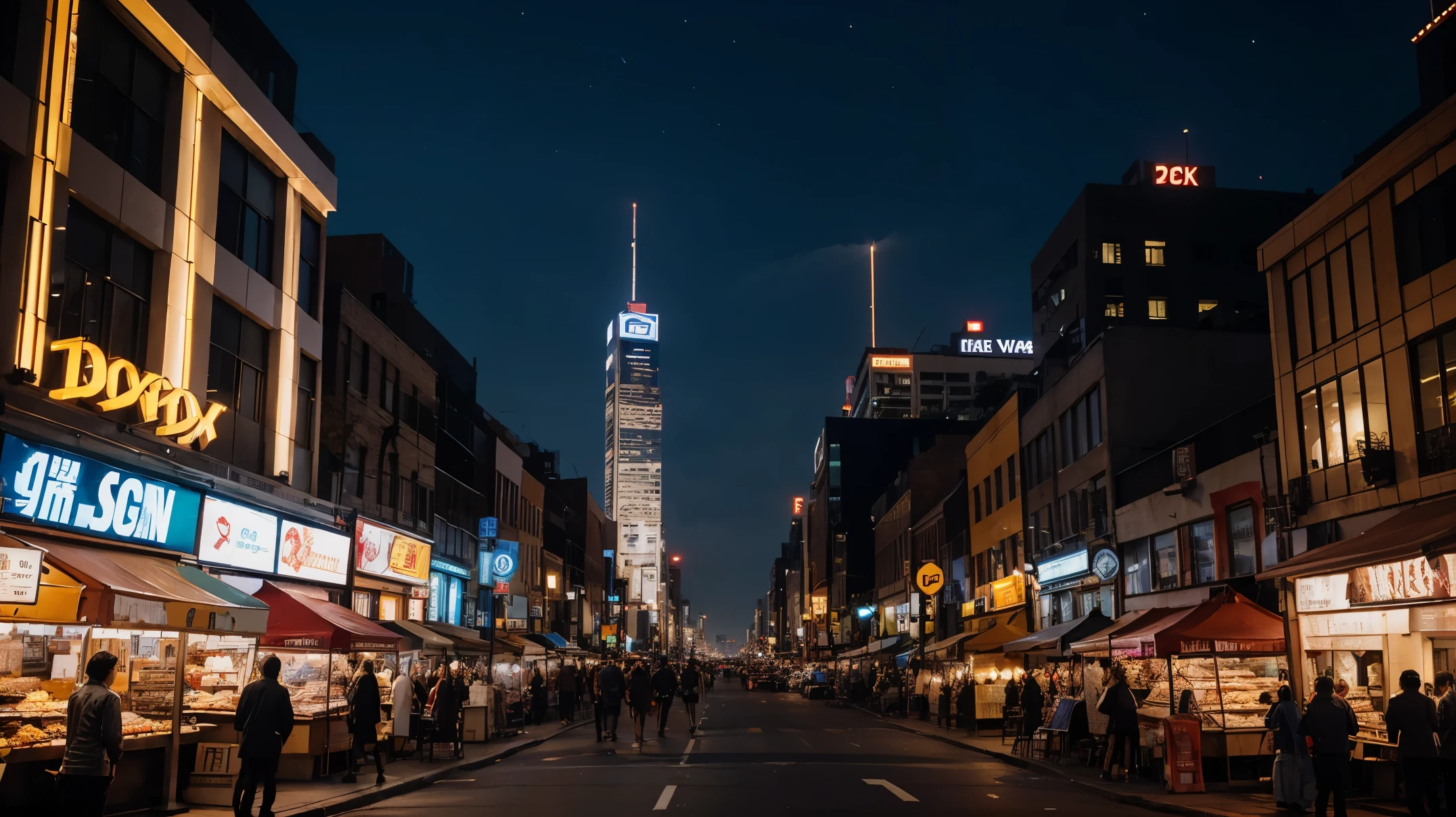 Busy downtown, crowd, evening, market, tall hexagonal skyscraper in background, ultra wide angle shot, cinematic lighting, street lights and glow signboards