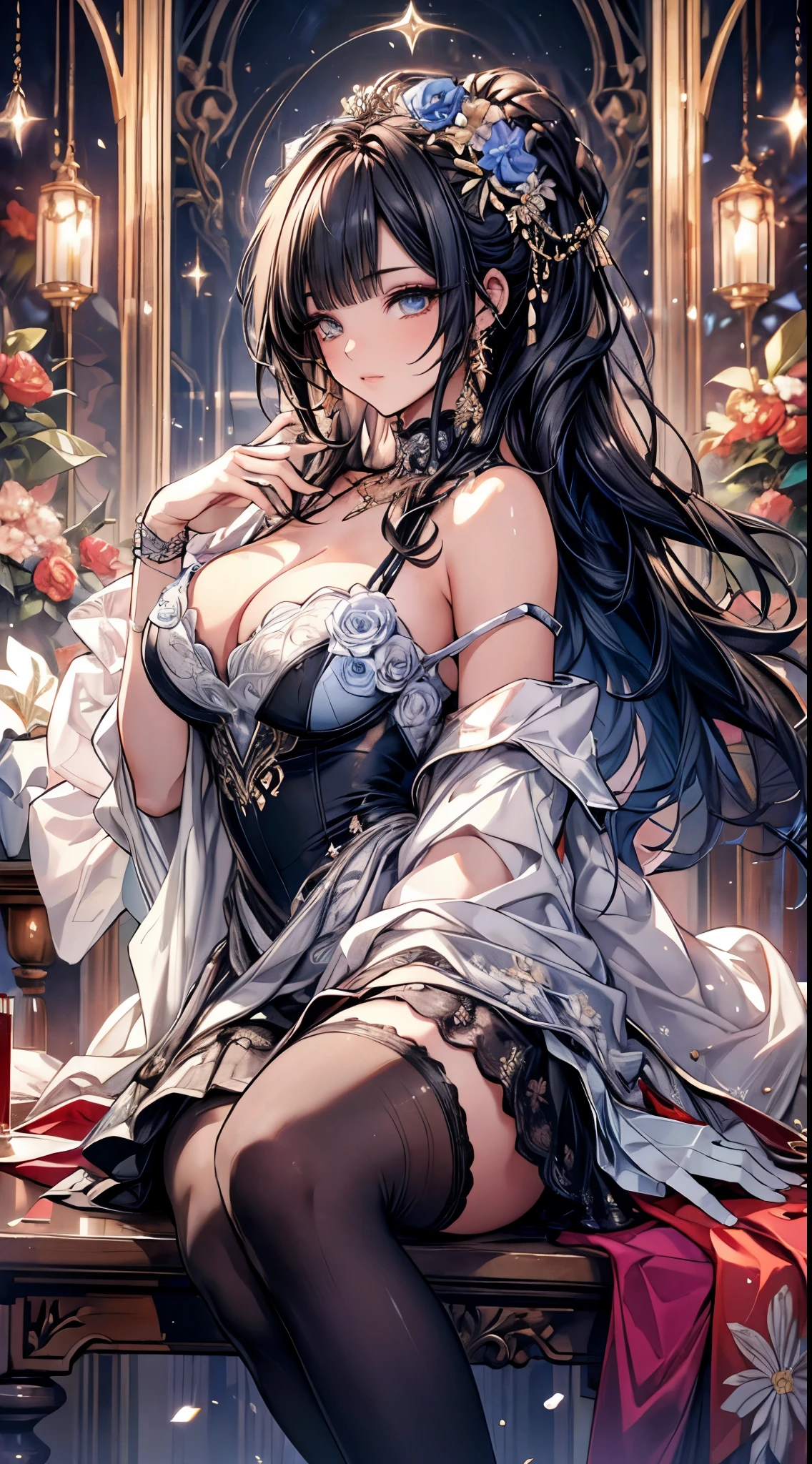 masterpiece, highest quality, High resolution, SA1, Floral off-the-shoulder dress, black stockings, Sparkly eyes, false eyelashes,