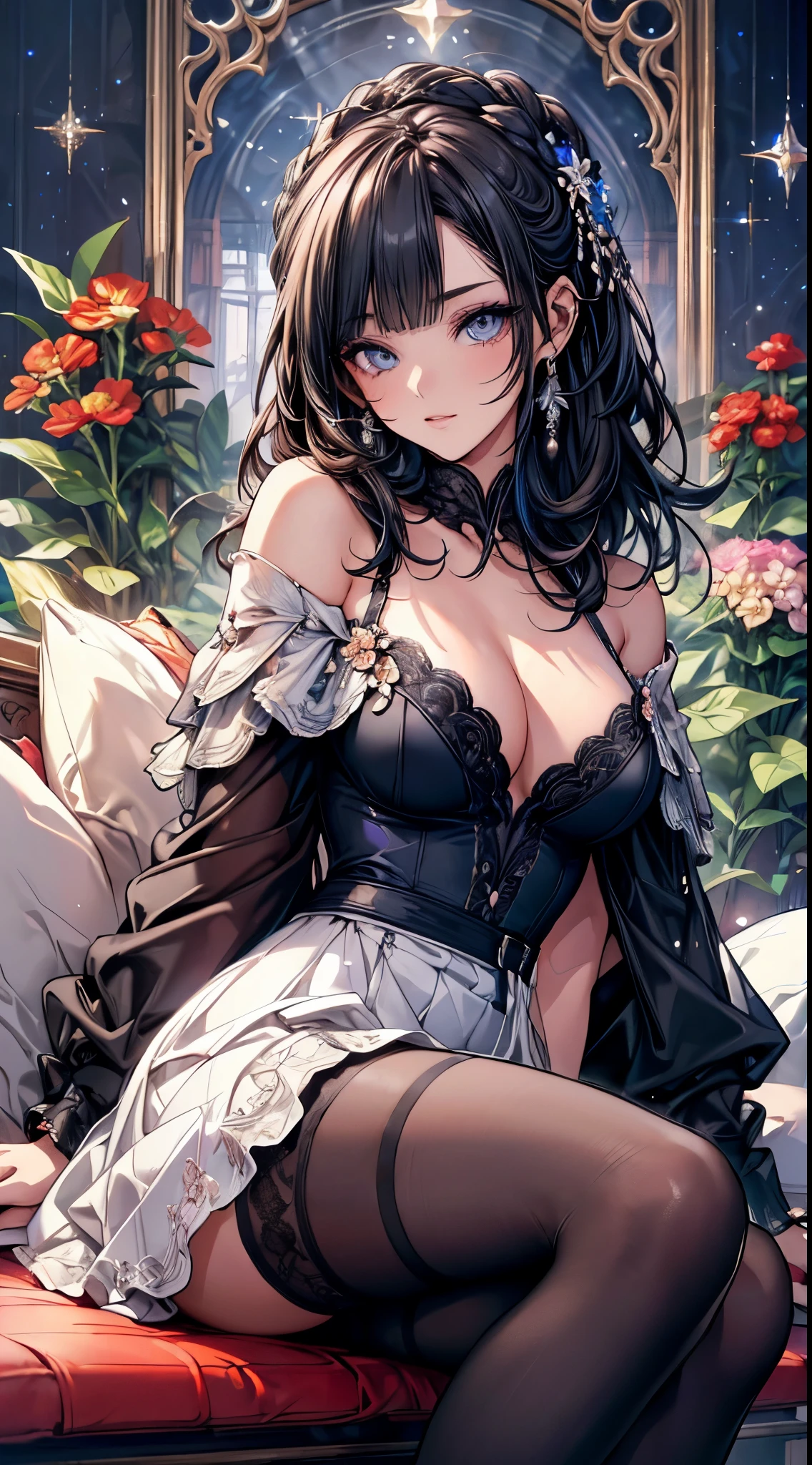masterpiece, highest quality, High resolution, SA1, Floral off-the-shoulder dress, black stockings, Sparkly eyes, false eyelashes,