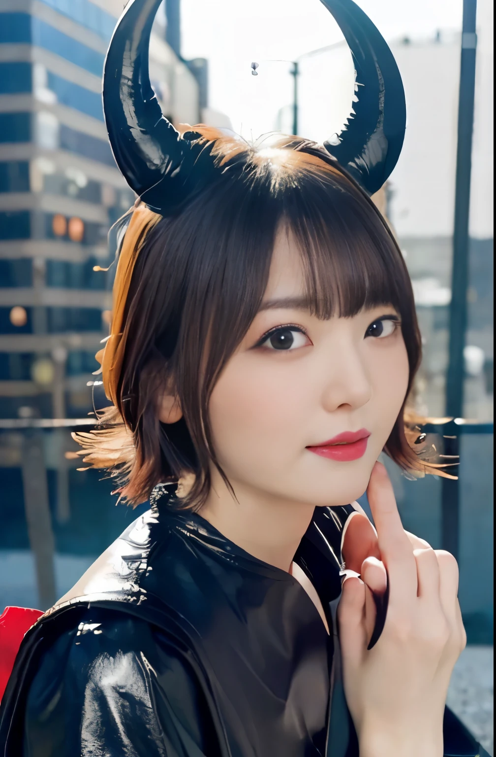 (masterpiece,top-quality,超A high resolution),A Japanese Lady, (((extremely beautyful girl))), Kawaii Girl、View photographer、Front view, ((Bob Hair)), hyper cute face, Glossy lips, Double eyelids in both eyes, Natural makeup, long eyelashes, shiny and smooth hair, central image, Perfect limbs, Perfect Anatomy,(((Black leather sailor suit、Black Leather Pleated Skirt、Navel))),(((Black Leather Knee High Boots))), (((A very cute 16-year-old succubus)))、(((long)))、(((On the head4Devil's horn in the book)))、(((Black giant dragon wings))、(((nightcity))), Halloween, fancy dress, Shibuya, nsfw,