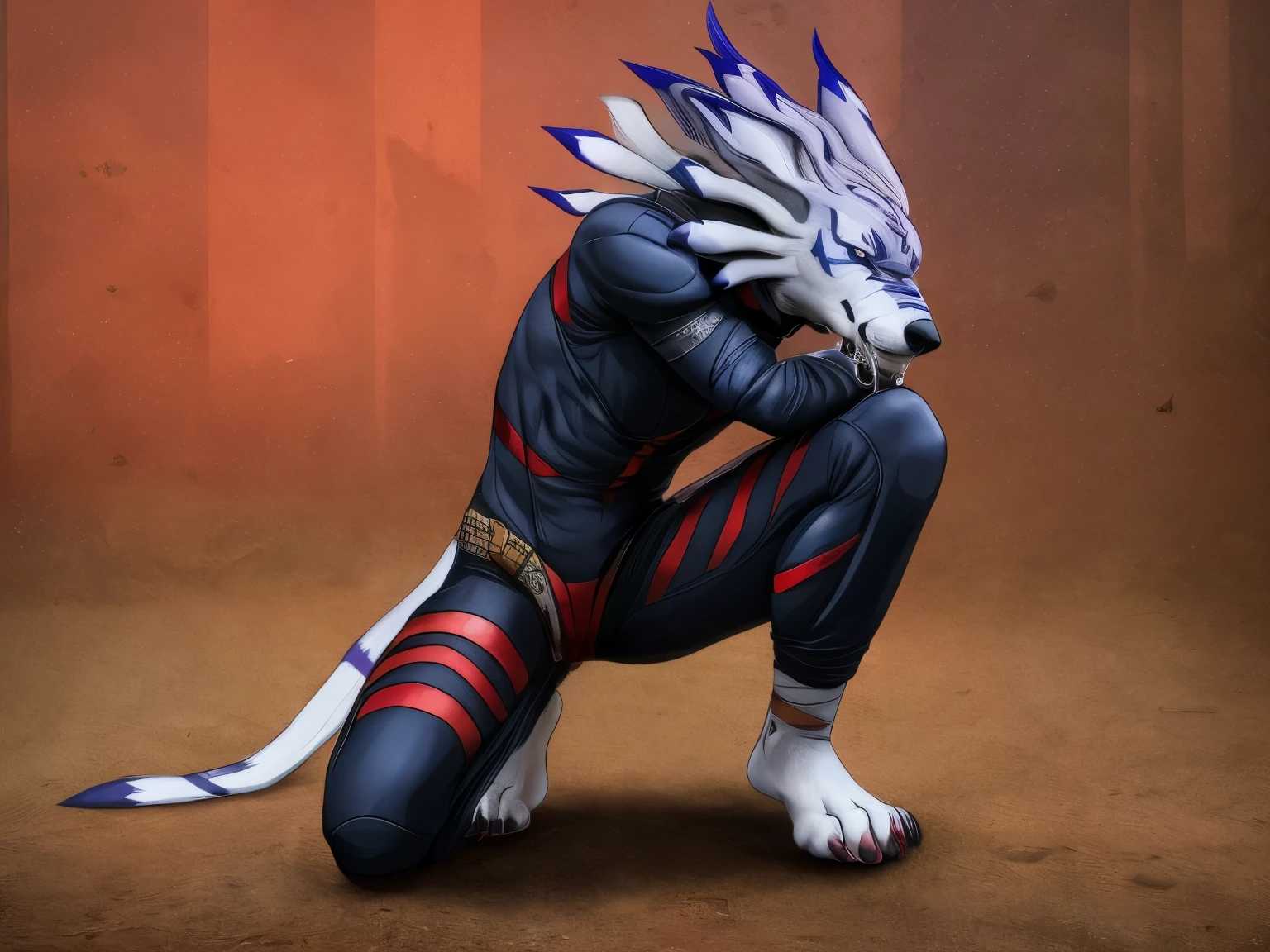 Barefoot WereGarurumon wears black ninja suit with red stripes, tebowing, detailed paws with bandages and claws, blue fur, in a trance, a look of weak resistance to hypnosis on his face, drooling, red glow in his eyes