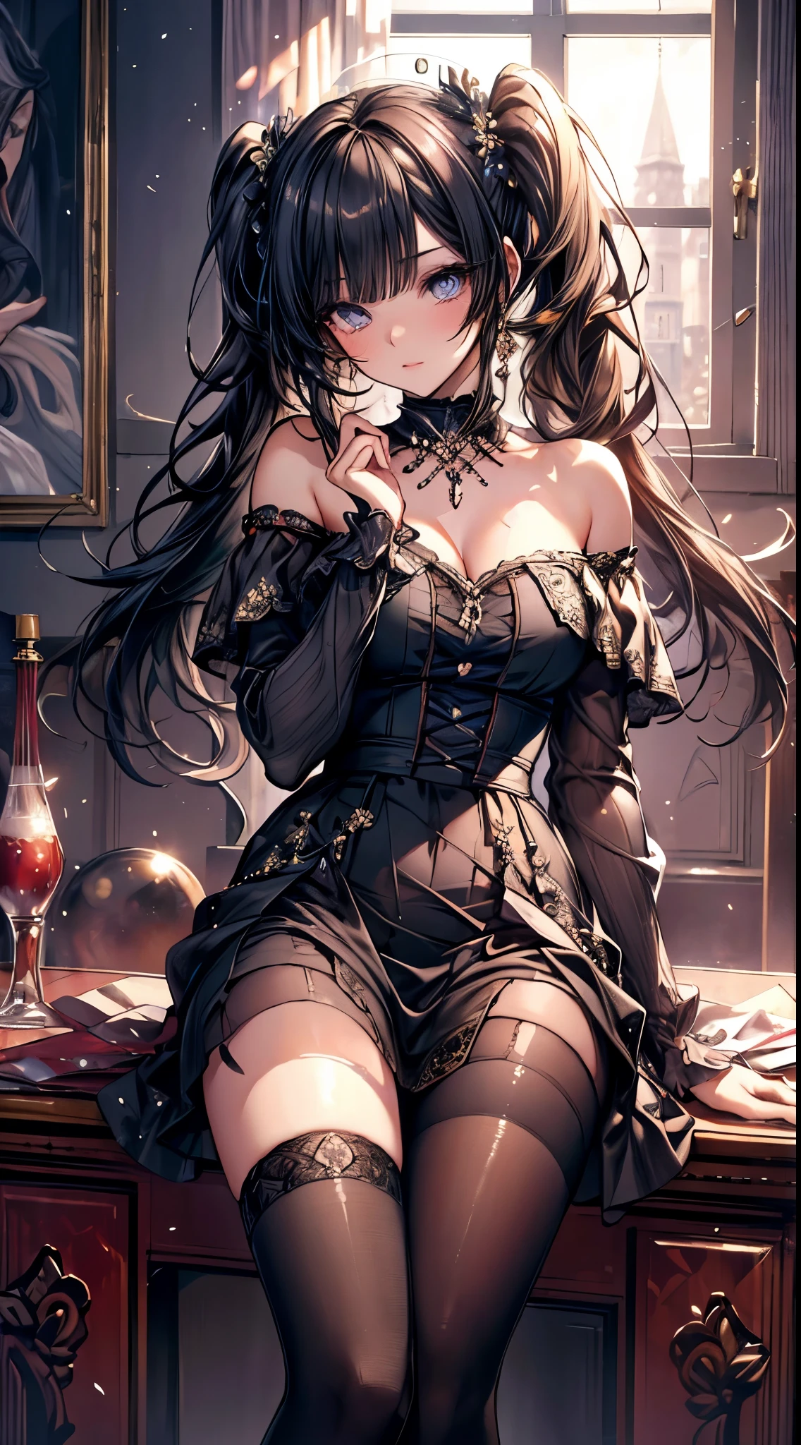 masterpiece, highest quality, High resolution, SA1, Floral off-the-shoulder dress, black stockings, Sparkly eyes, false eyelashes, twin tails, Cute atmosphere,