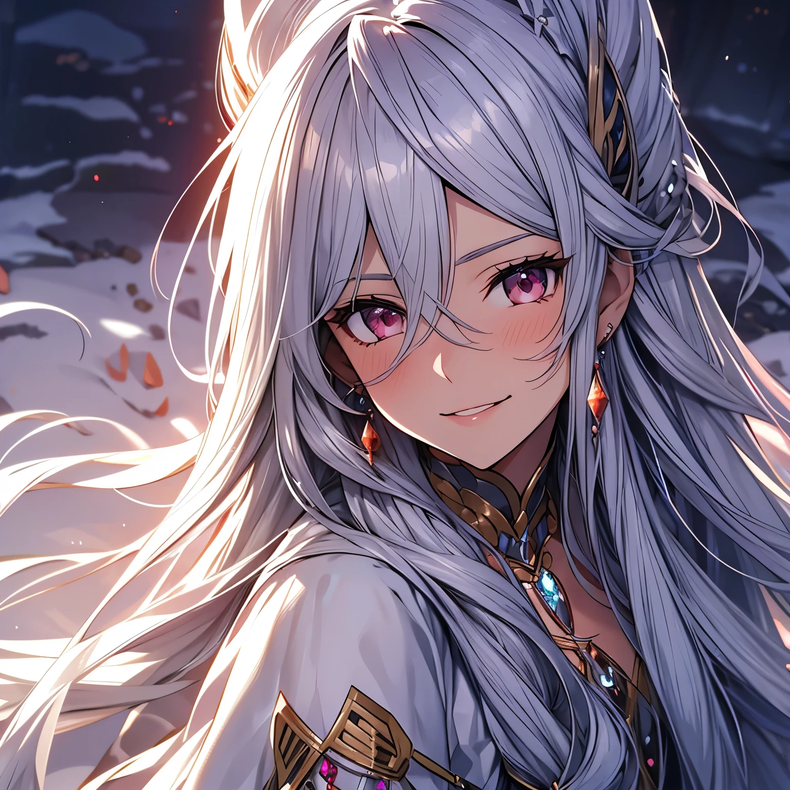 long hair, (crystal earrings:0.7), (blush, smile:0.8), silver hair, hair strand, ribbon, (parted lips:0.9), (ultra-detailed, highres:1.0), silver hair, tachi-e, anime style,