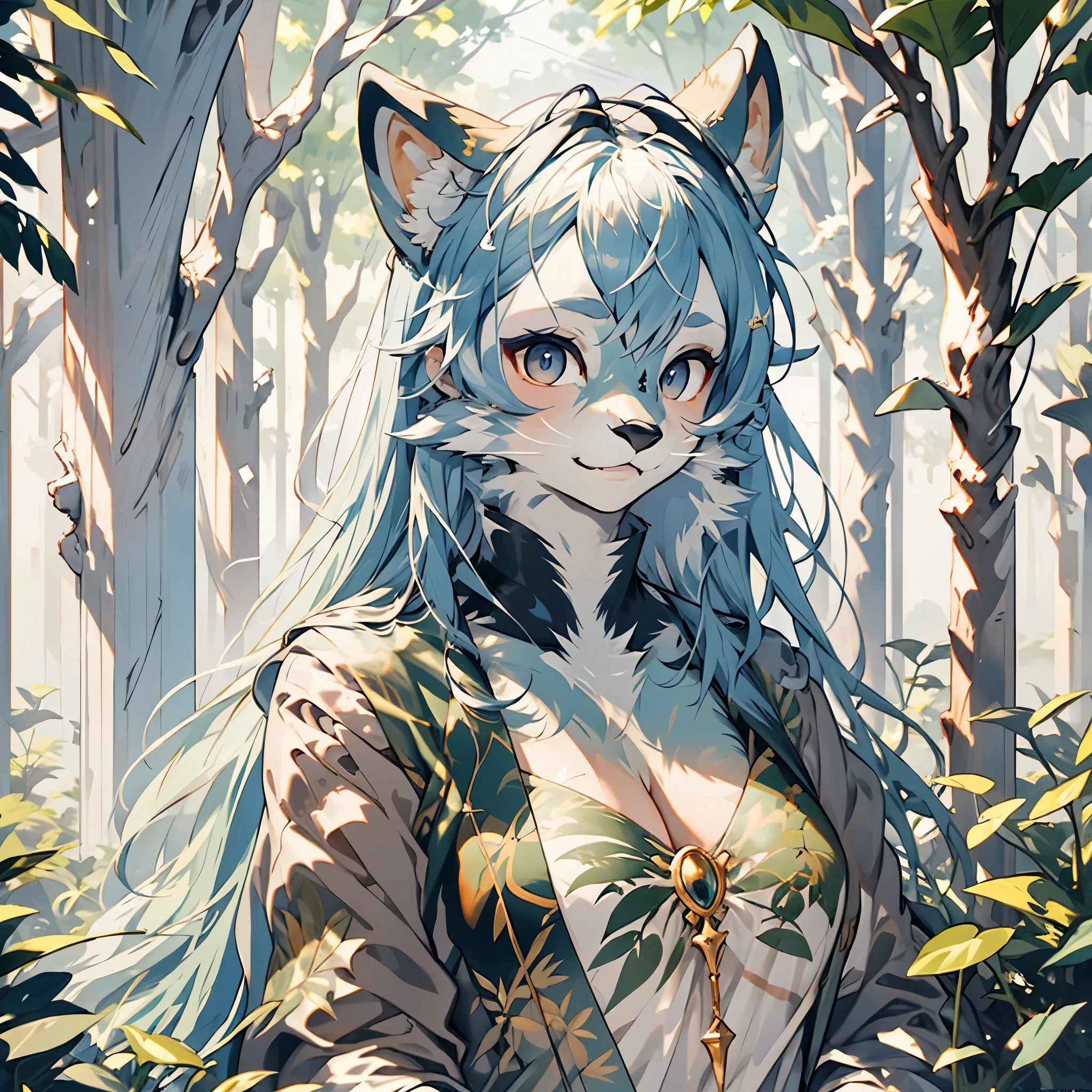 top quality, best quality, highres, unparalleled masterpiece, perfect artwork, paid reward available, by John William Waterhous, Pre-Raphaelite Brotherhood, Ophelia, Delicate and elegant linework, Reality and vitality, Expression of dense muscles, Decoration with plant motifs, Geometric decoration, Poetic atmosphere, Rich colors, Dreamy, mystical, Tarot Card(In the forest where the stream flows, Backlighting)(beautiful face and eyes with great detail)absurdres perfect anatomy((Beastwoman))(Furry, Solo focus, dress)(furry anthro:1.7)(((furry body, Facial features of animal, Features of the animal body)))(((muzzle of the animal very detailed fur)))All over body, Smile (portrait),
