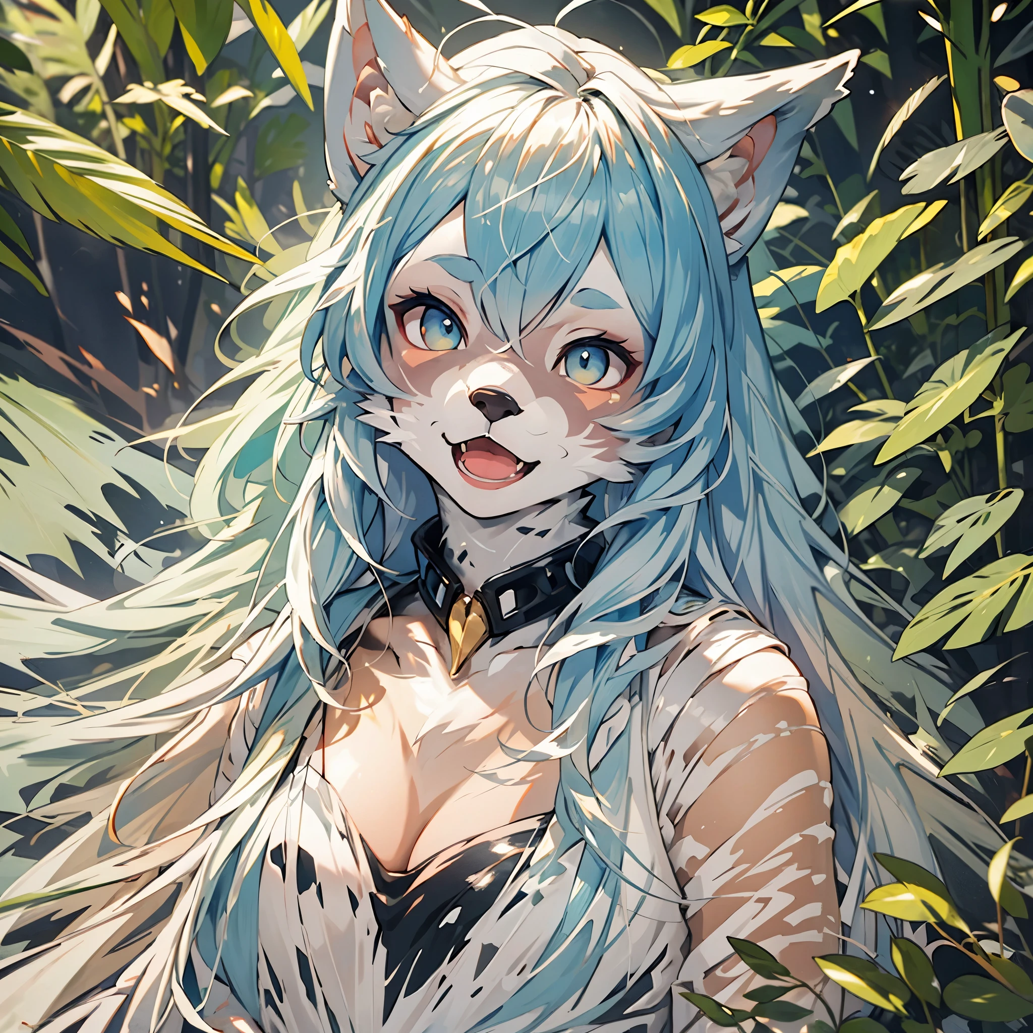 best quality,best resolution,(fluffy anthro furry :1.6),(young :1.6),snow tiger girl,small breasts,white hair,long hair,wavy hair,yellow eyes,glistering eyes,sparkle eyes,ultra detailed eyes,white fur,white tiger ears,white tiger tail,( light blue tiger striped fur :1.6), naked,glasses,flower hair ornaments,flower bracelets,flower necklace,flower surrounded girl,flower garden upside and downside,(purple sky),night,moonlight,romantic light,full face blush,looking back,playful face,smile,open mouth,tiger fangs,back view,sexy pose