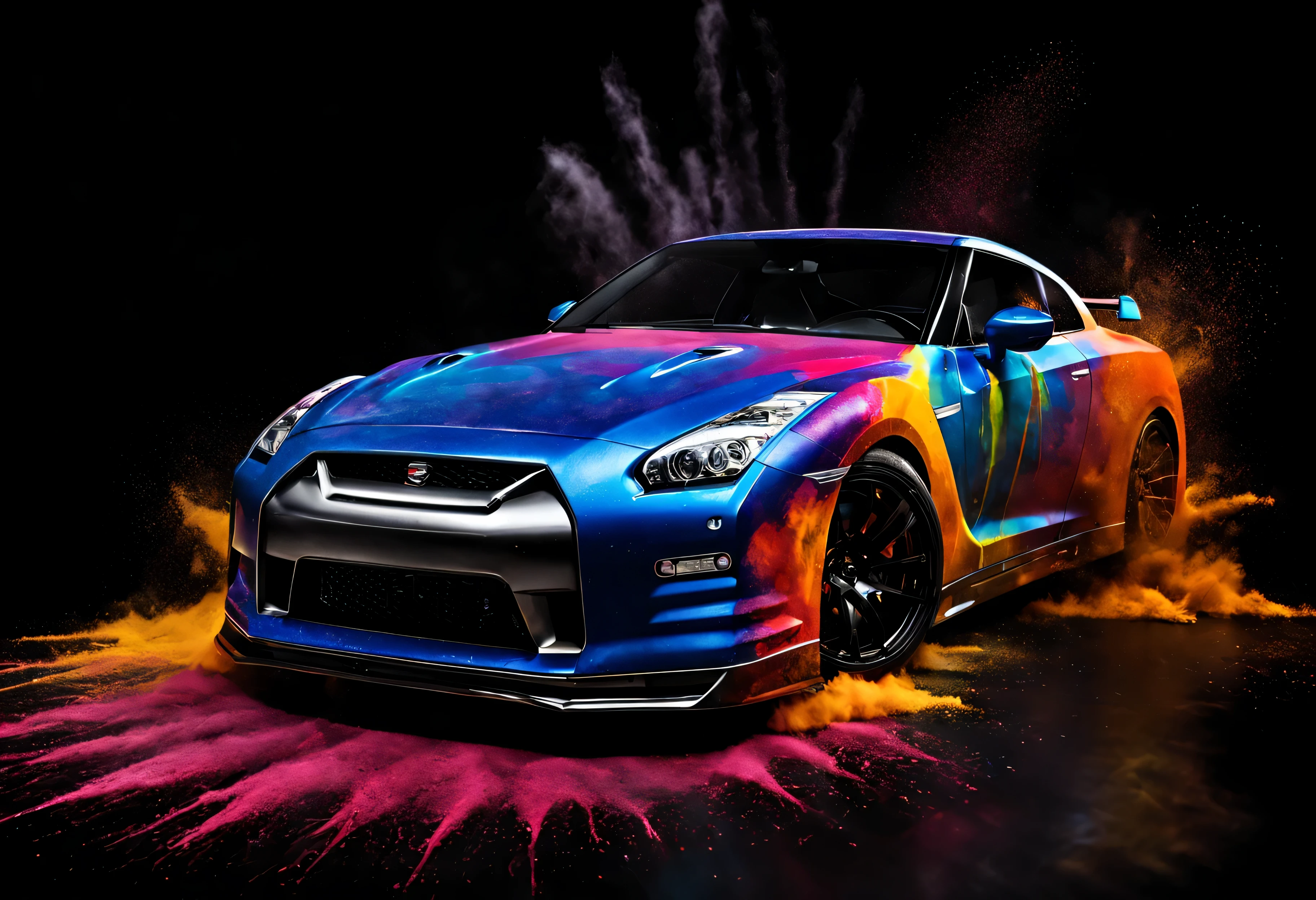 Nissan GT-R35 blanche , fond noir studio photo, explosion de poudre de couleur dans le dos, 4k