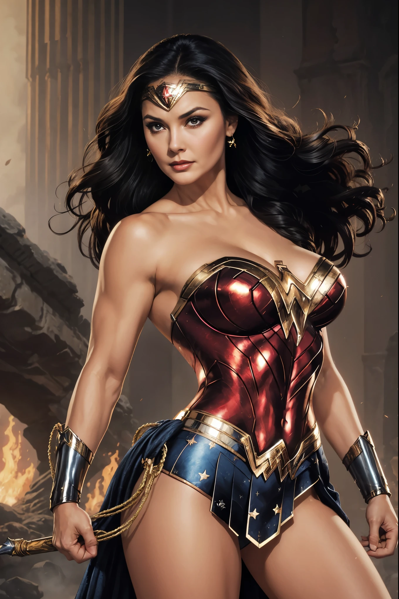 Art image of Lynda Carter as Wonder Woman, busty, beautiful, black hair, large breasts, ancient Athens background, by Louis Royo, Boris Vallejo, Frank Frazetta, extreme focus, sharp details, sexy,  oily skin, sexy, naughty, dynamic pose