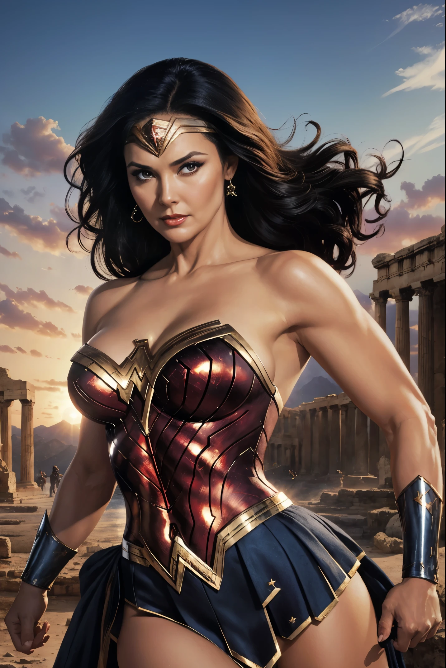 Art image of Lynda Carter as Wonder Woman, busty, beautiful, black hair, large breasts, ancient Athens background, by Louis Royo, Boris Vallejo, Frank Frazetta, extreme focus, sharp details, sexy, oily skin, sexy, naughty, dynamic pose