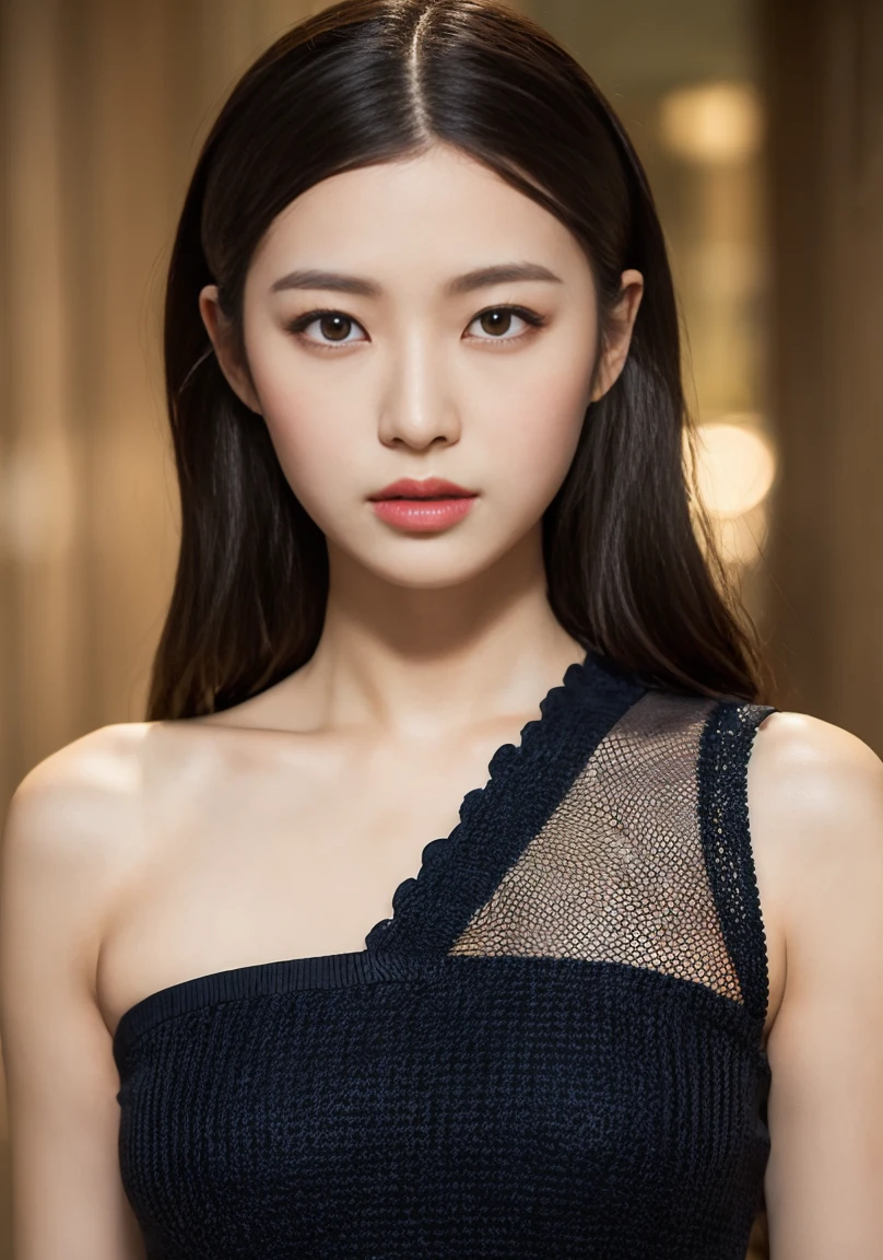Multiway Knitted Dresses、A woman with the same face as last time(misaki),4K、1people's women、slender、 Loose wavy styling 、seductive and attractive、full body shot,Including face and skin texture,detailed eyes、a seductive look