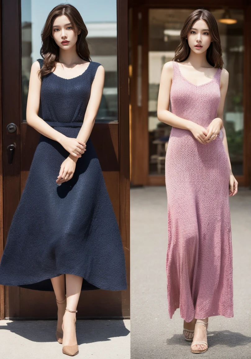 Multiway Knitted Dresses、A woman with the same face as last time(misaki),4K、1people's women、slender、 Loose wavy styling 、seductive and attractive、full body shot,Including face and skin texture,detailed eyes、a seductive look
