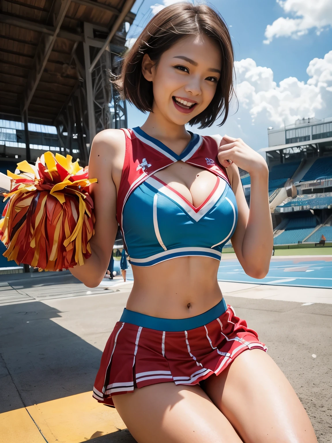 8K RAW photo、beautiful woman:2.0、24-years-old、Japanese、cute、cleavage、((cheerleader:1.5))、super mini skirt、beautiful eyes、drawn in detail、eyelash、((brown eyes:1.2))、beautiful double eyelids、eye shadow、perfect eye makeup、((laughter:1.6))、美しくてthin legs、(chestnut colored hair)、very short hair、fluffy hair、stadium、daytime、latina、Photoreal:1.9、sexy navel、thin legs、thin eyebrows、tear bag、high nose、((very sexual))、panties、nipple