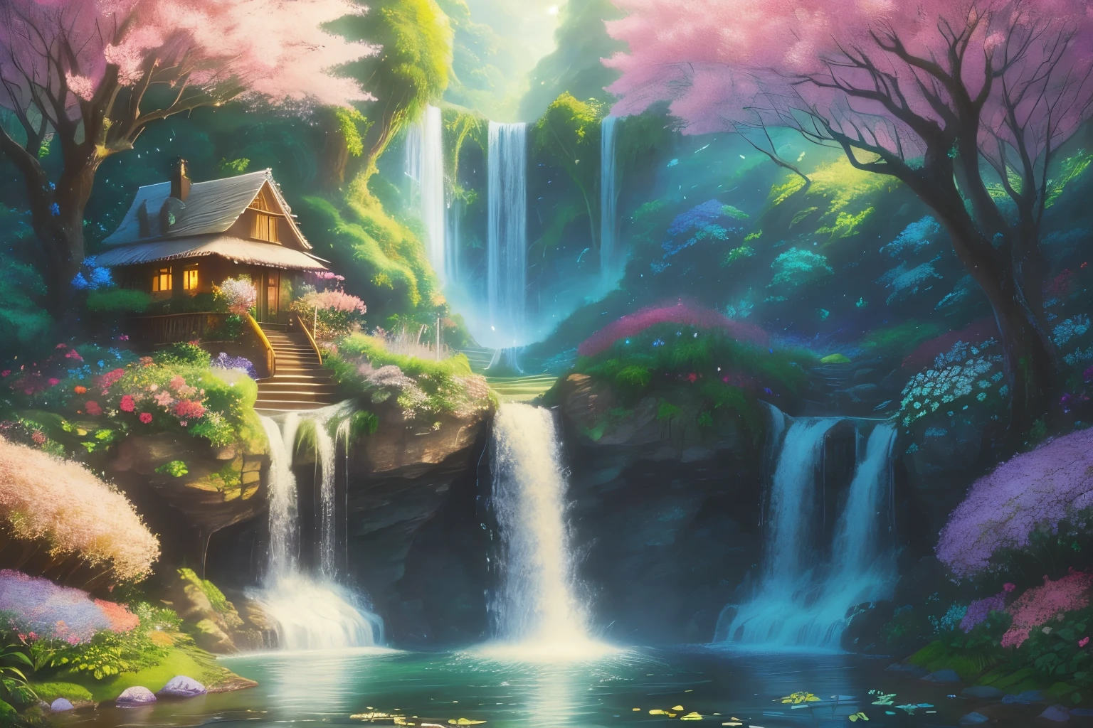 a painting of a waterfall surrounded by flowers and trees, flowers and waterfalls, beautiful eden garden, a paradise like a fairyland, fairy tale place, beautiful nature, really beautiful nature, nature in all its beauty, lush trees and flowers, beautiful place, beautiful garden, blossoming path to heaven, floral environment, nature and floral aesthetics, fantasy setting, beautiful setting